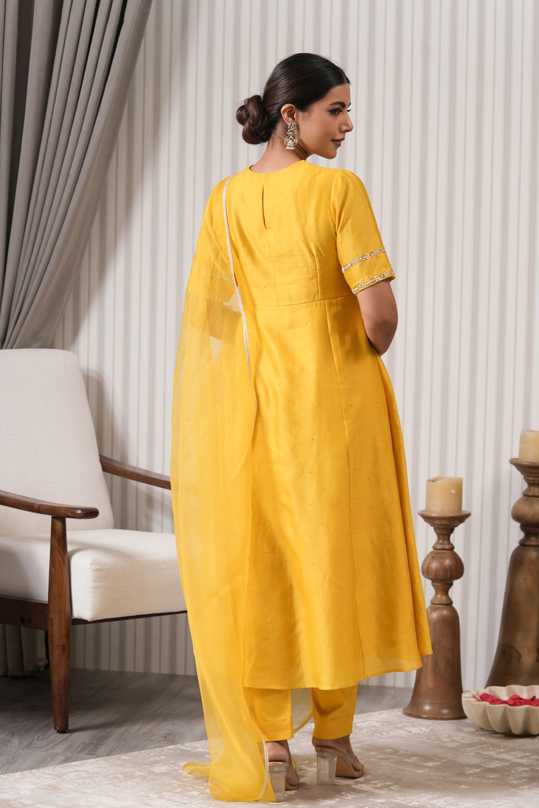 Embroidered Pure Mukaish Chanderi A-line Suit Set - Yellow