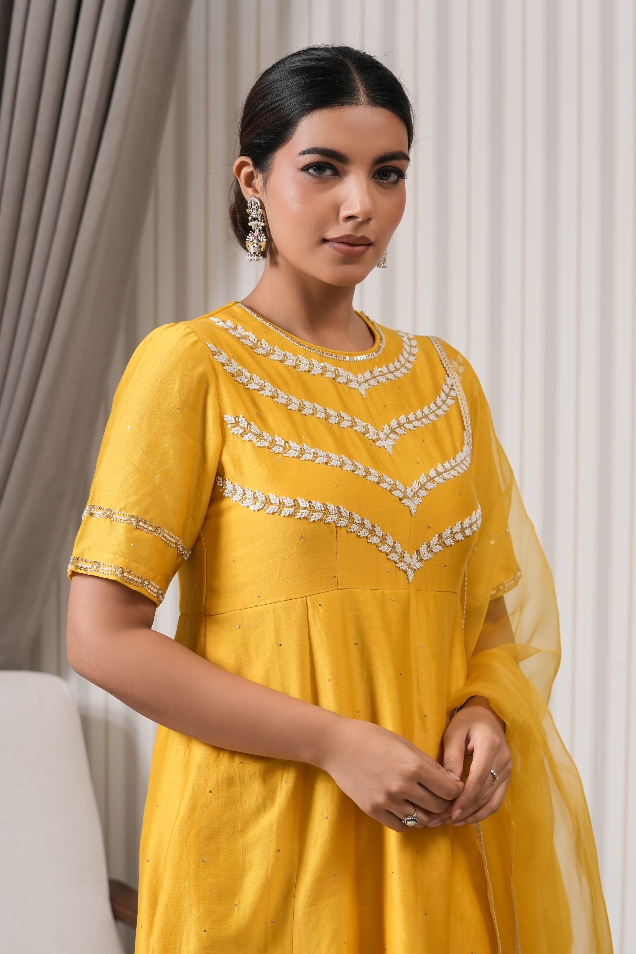 Embroidered Pure Mukaish Chanderi A-line Suit Set - Yellow