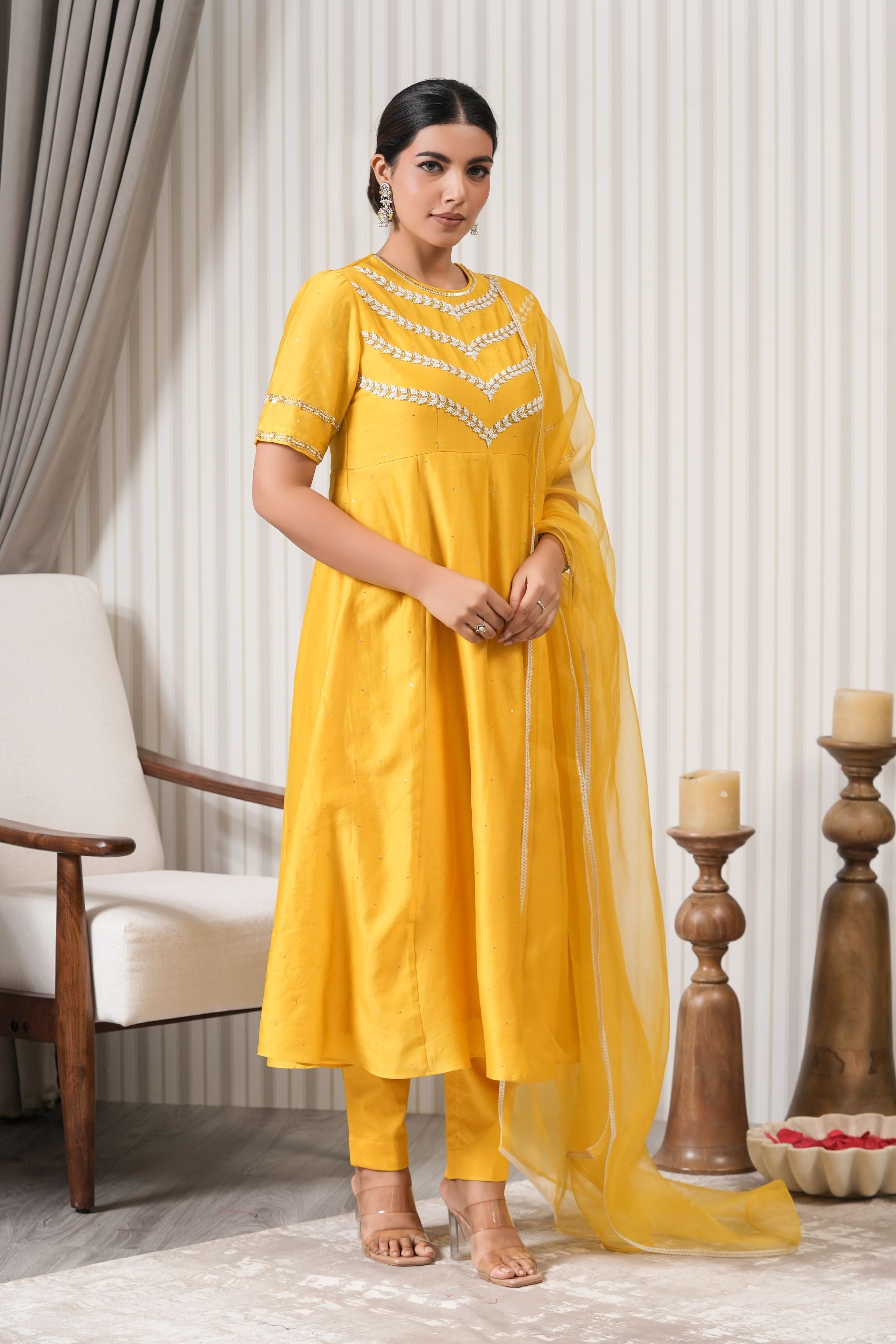 Embroidered Pure Mukaish Chanderi A-line Suit Set - Yellow