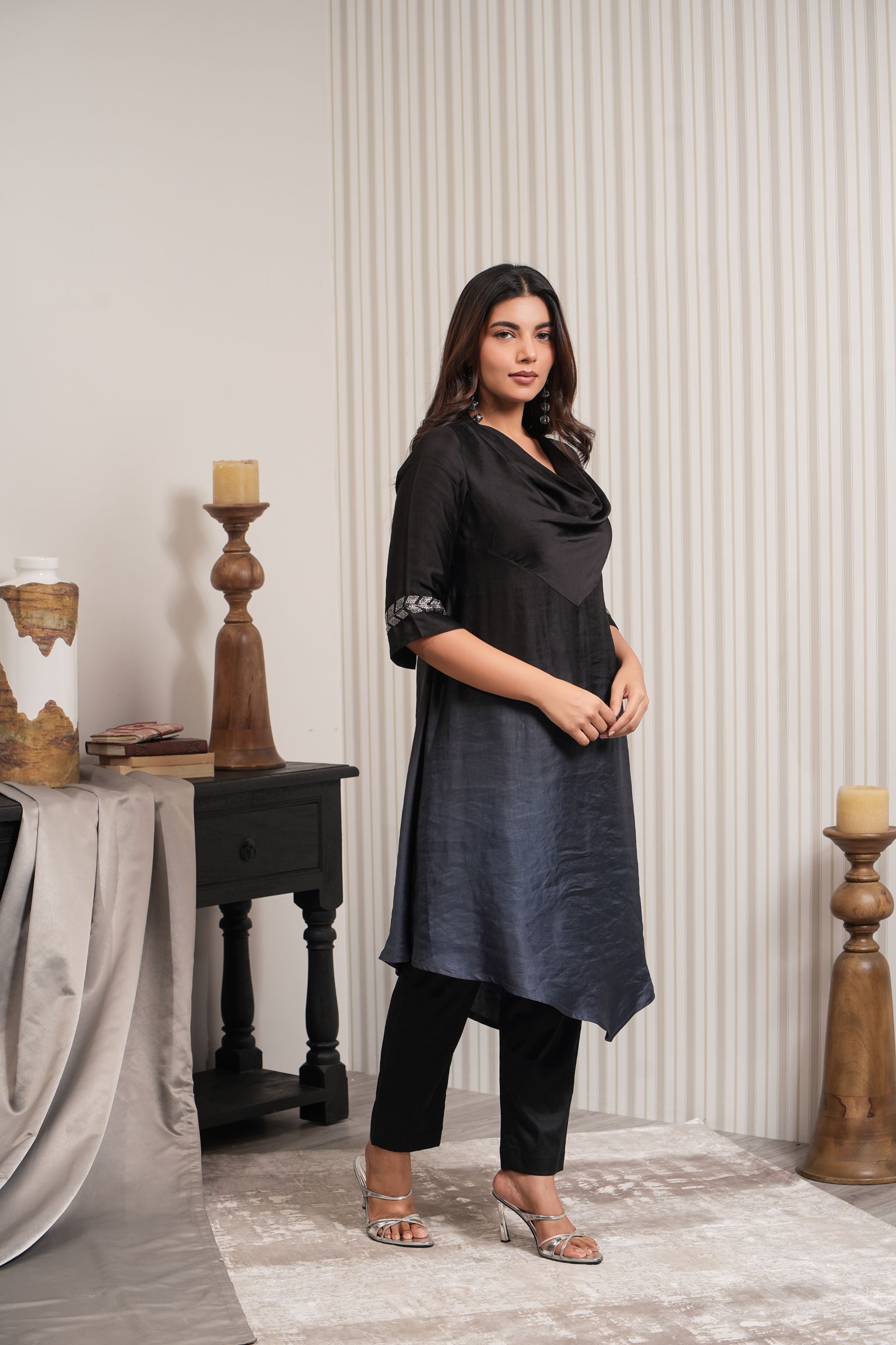 Cowl Neck A-line Kurta Set - Black