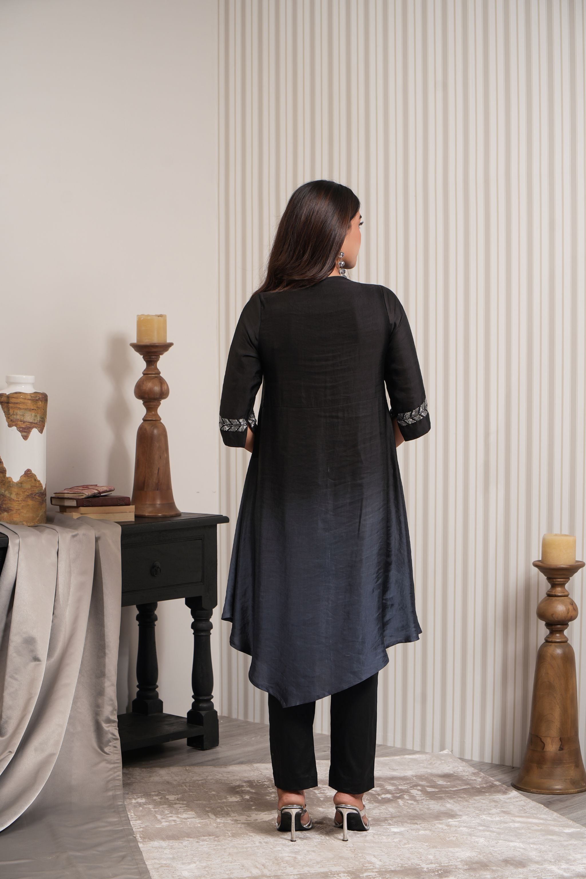 Cowl Neck A-line Kurta Set - Black