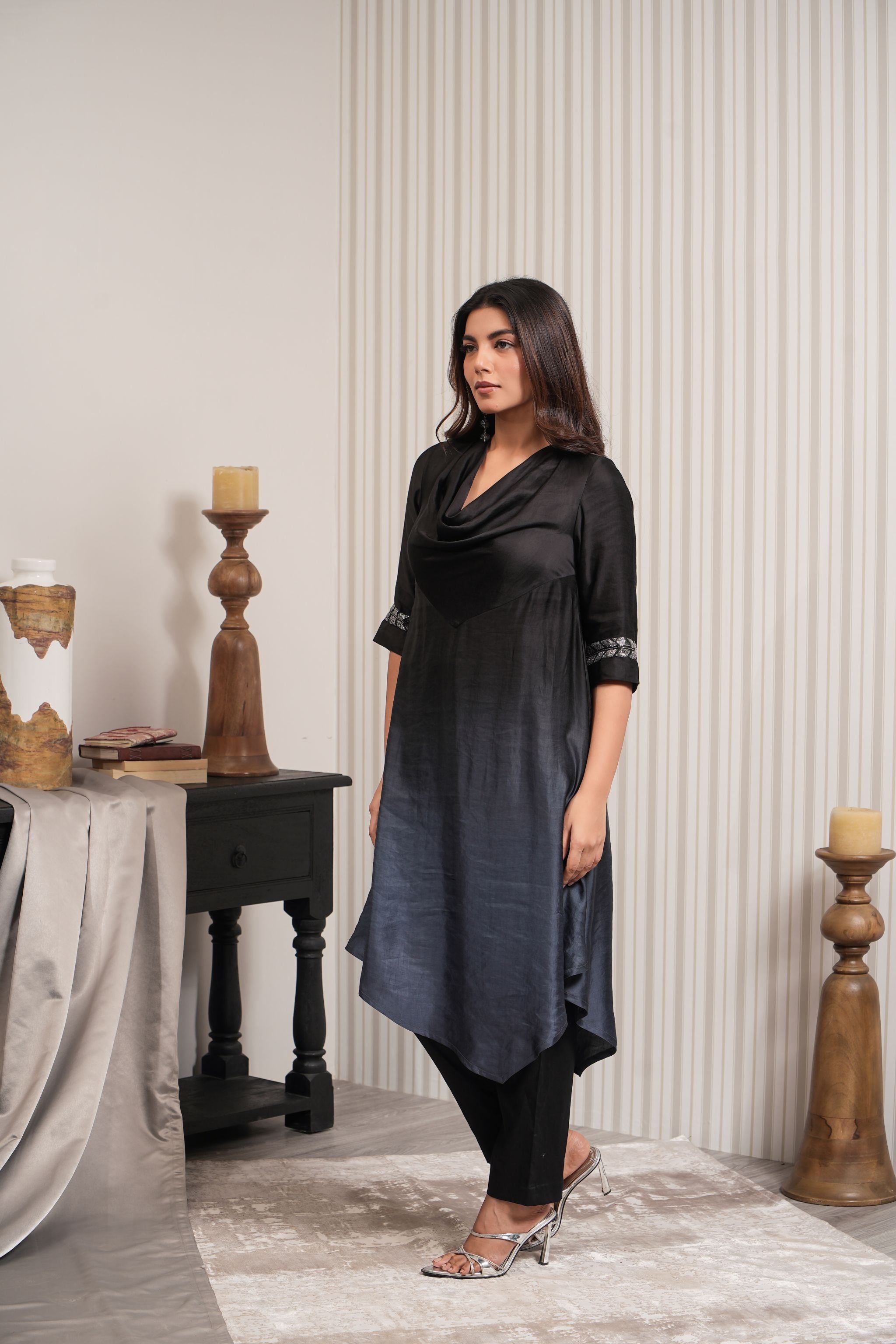 Cowl Neck A-line Kurta Set - Black