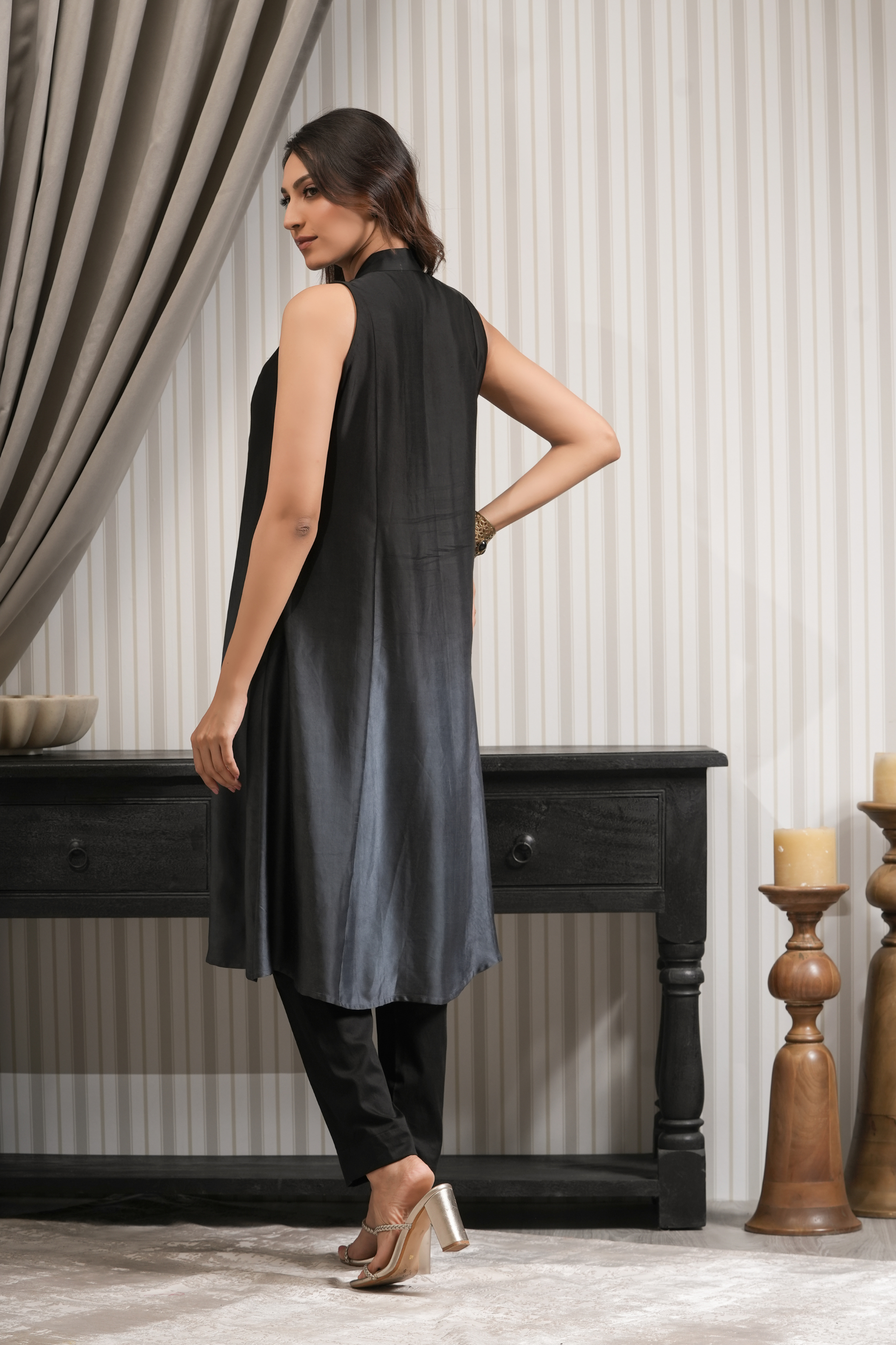 Embroidered Sleeveless A-line Kurta Set - Black