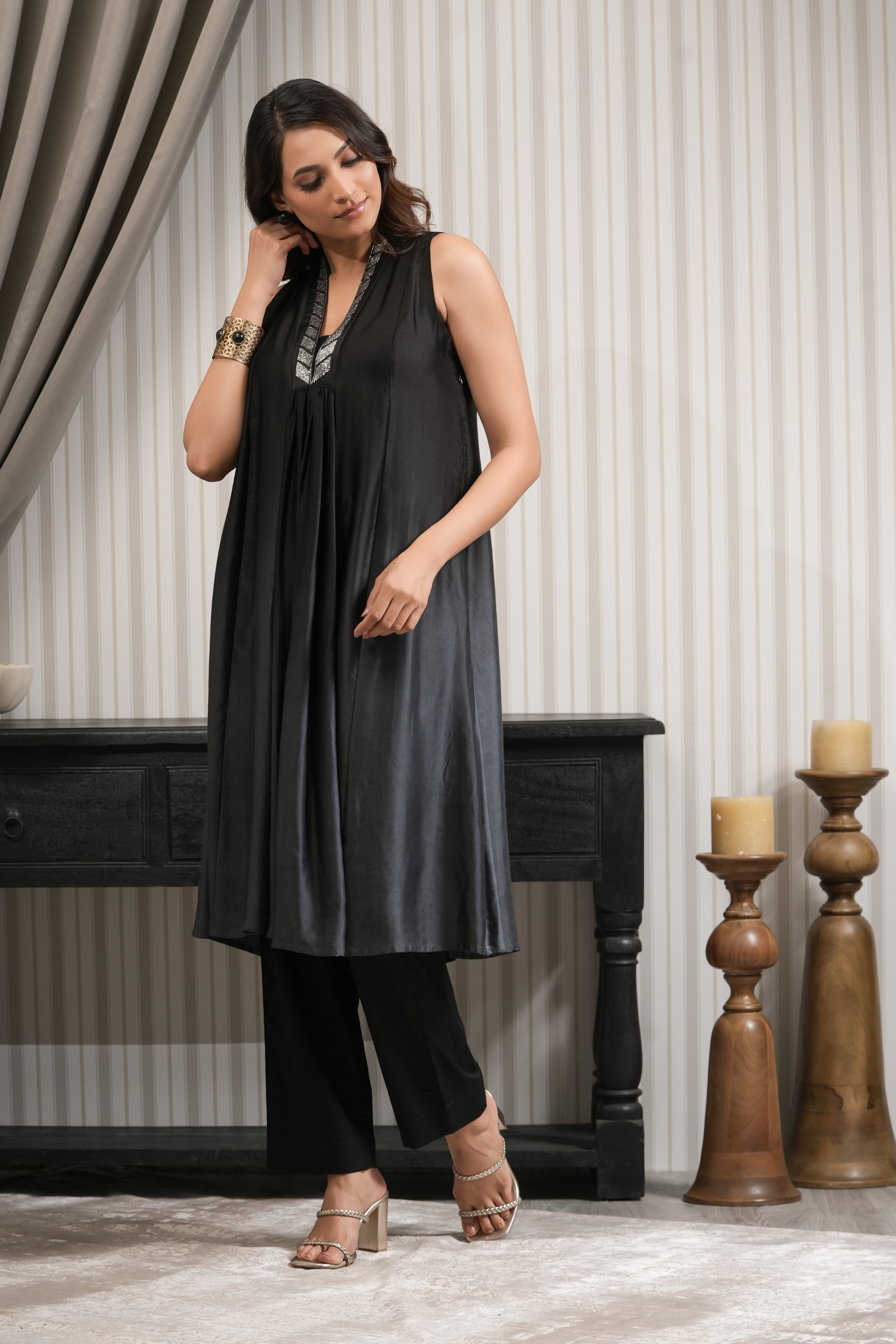 Embroidered Sleeveless A-line Kurta Set - Black
