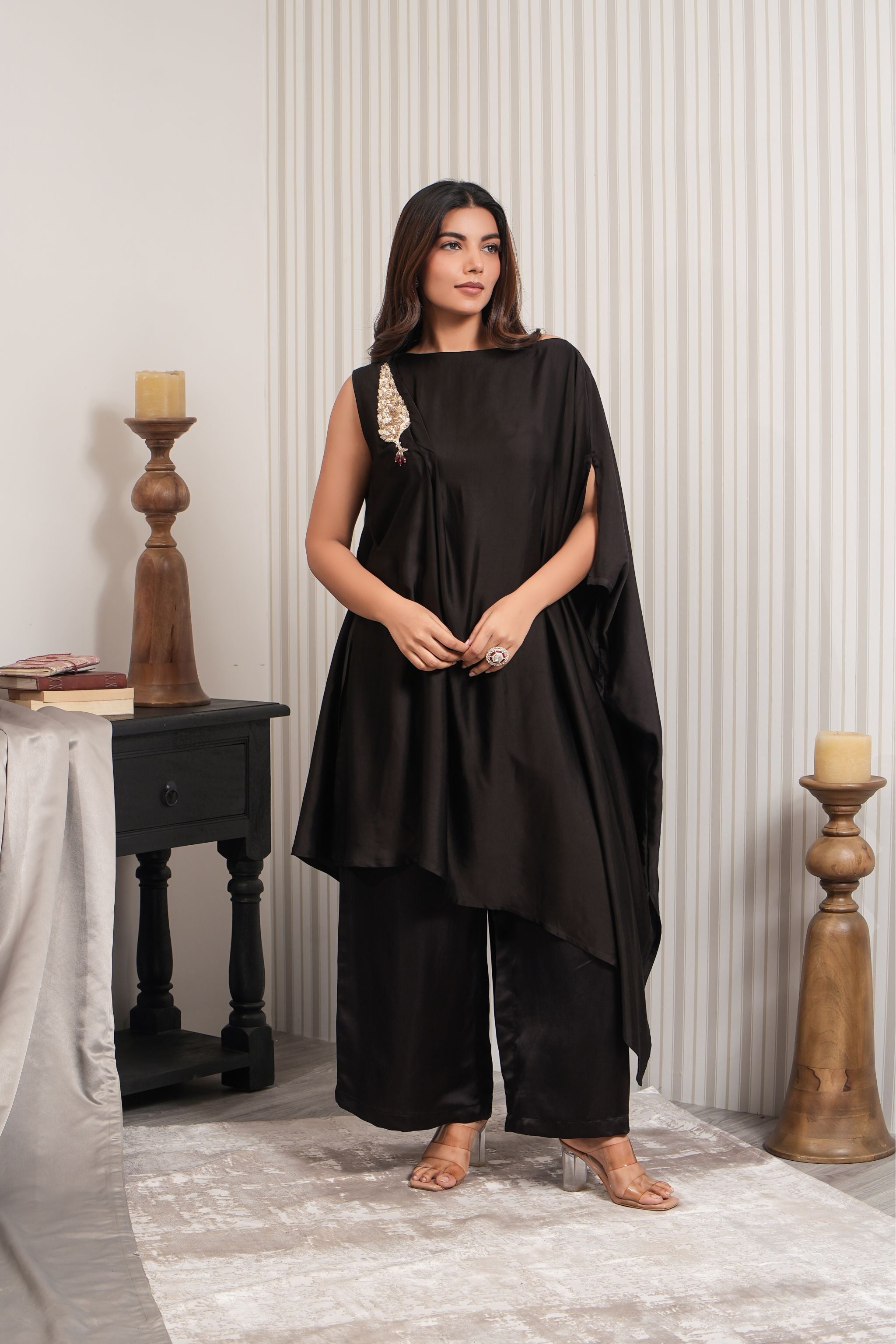One Shoulder Slit Cut Kurta Set - Black