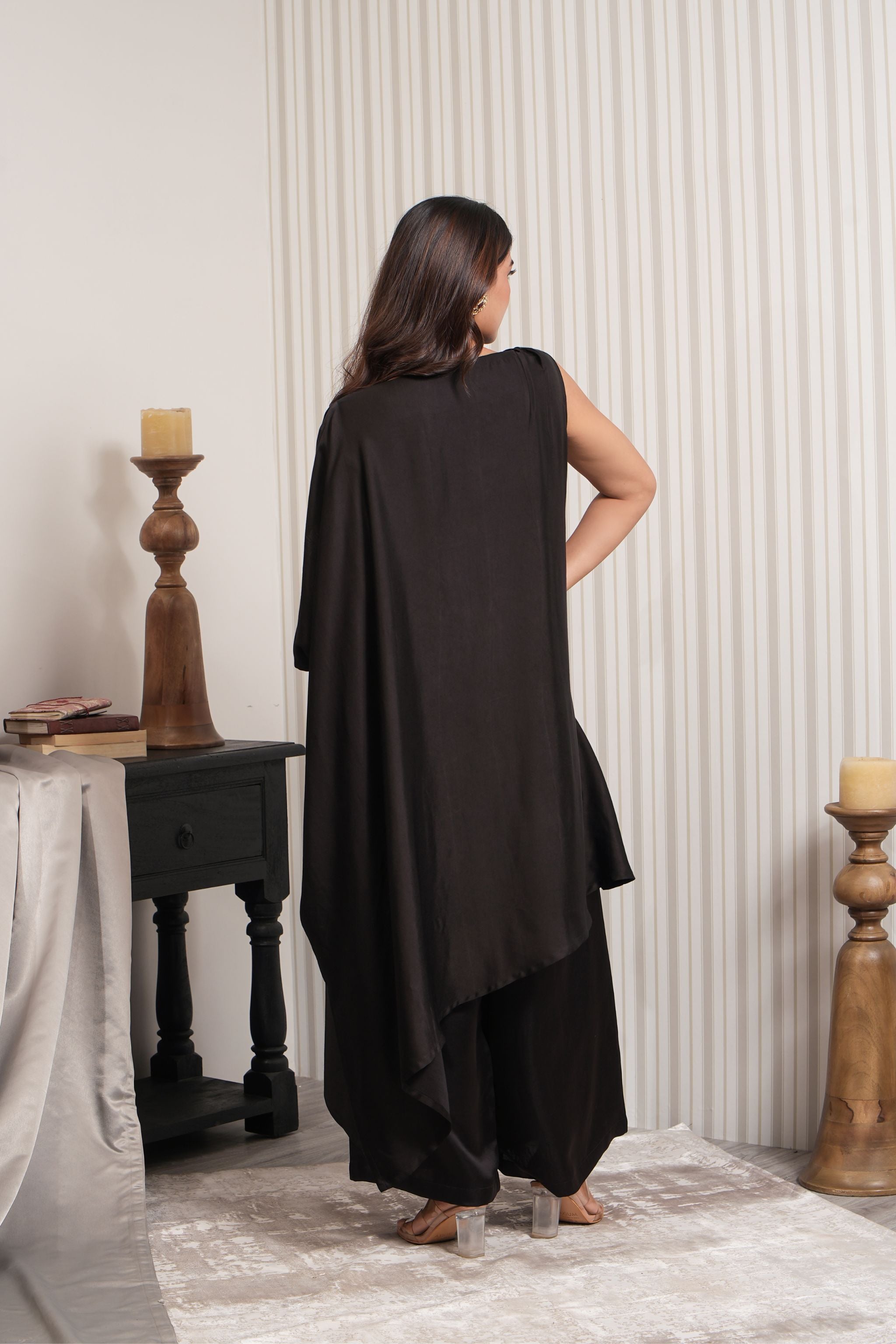 One Shoulder Slit Cut Kurta Set - Black