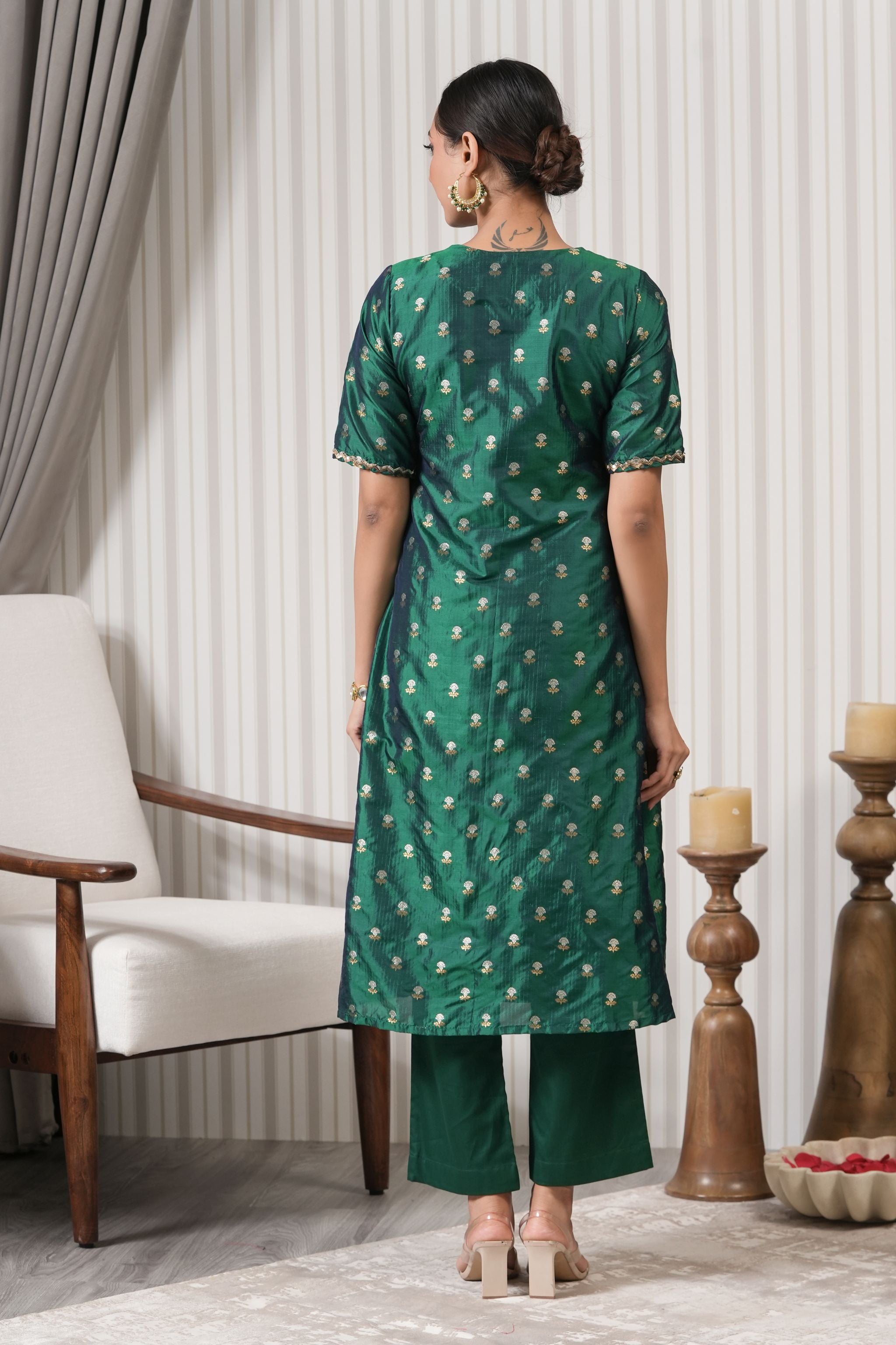 Embroidered Pure Brocade Printed A-line Kurta Set - Green