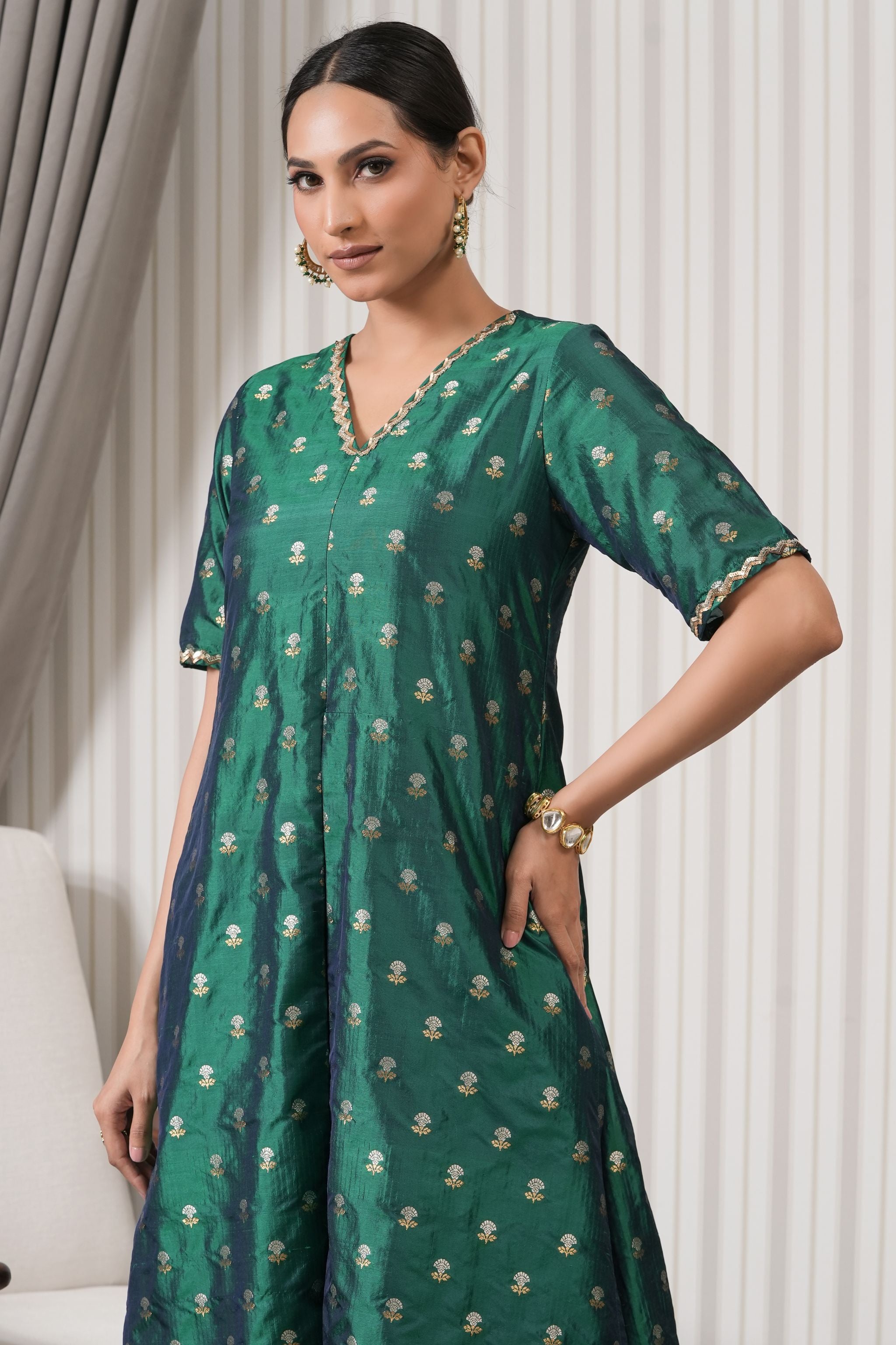 Embroidered Pure Brocade Printed A-line Kurta Set - Green