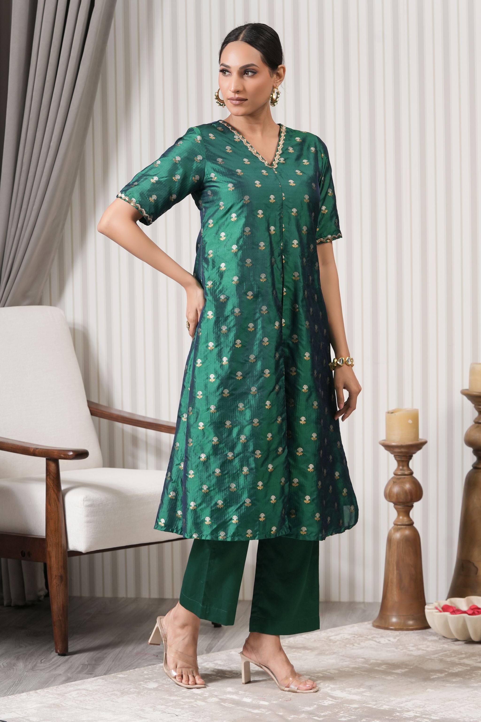 Embroidered Pure Brocade Printed A-line Kurta Set - Green