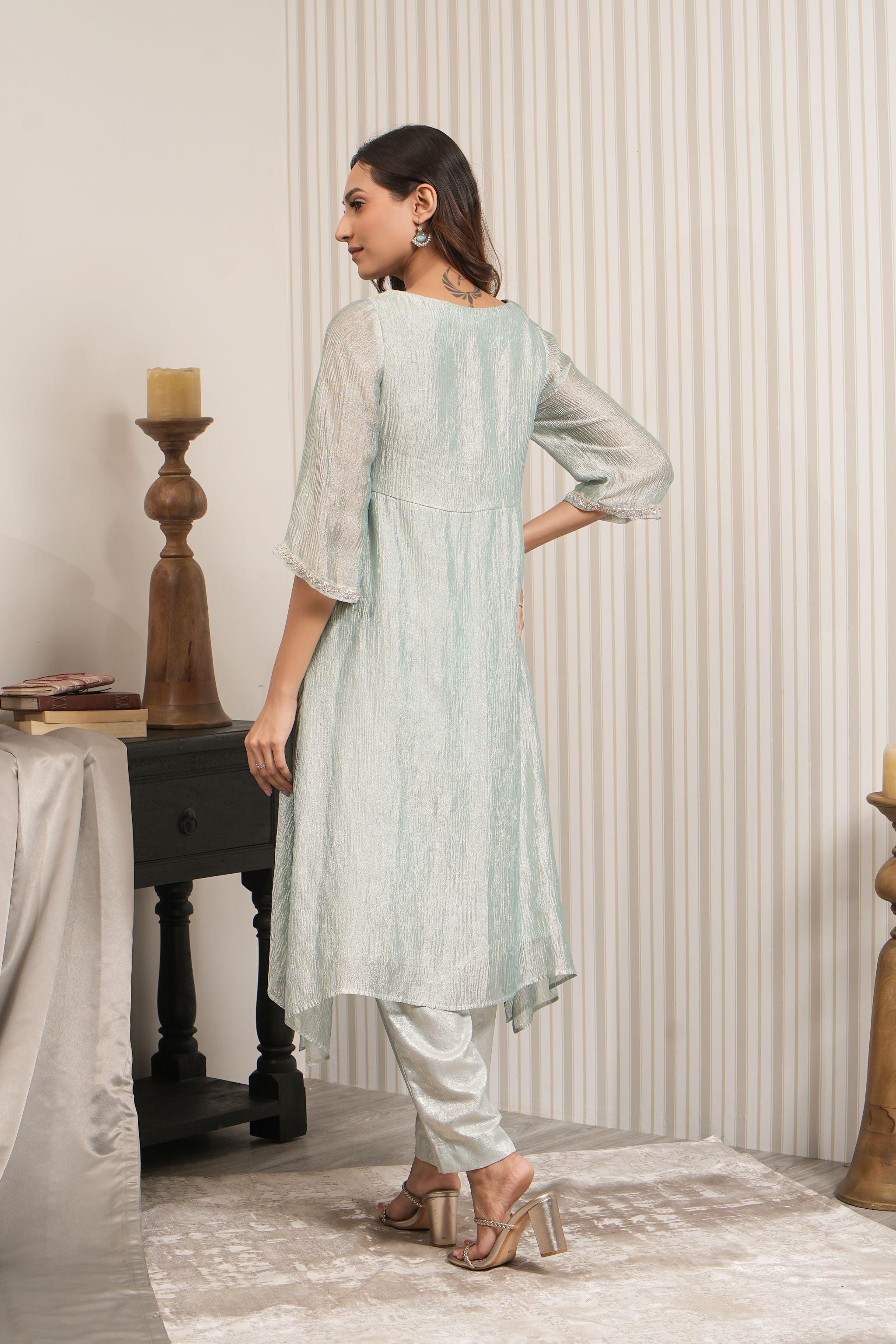 Crushed Tissue Cowl Neck A-line Kurta Set - Mint