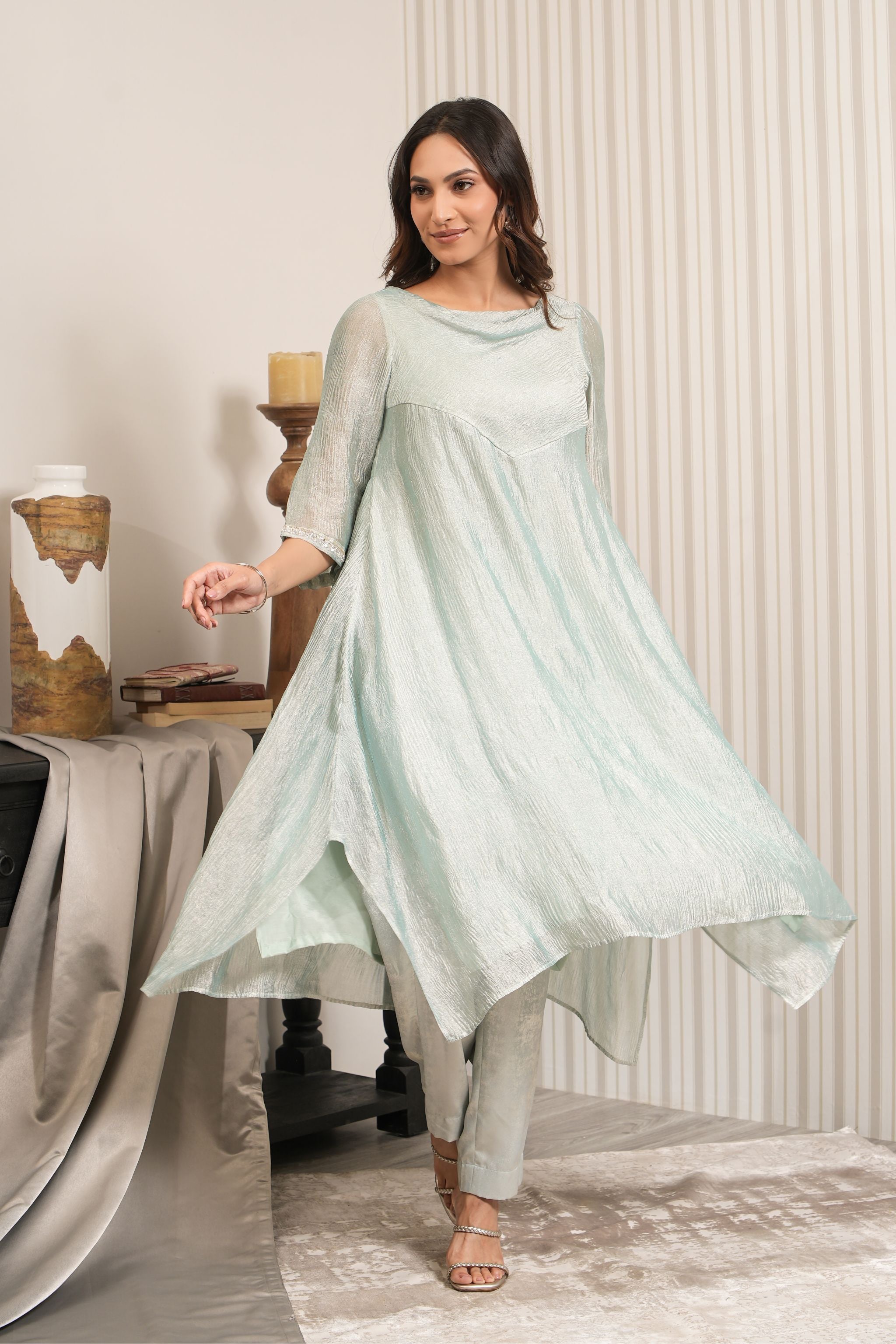 Crushed Tissue Cowl Neck A-line Kurta Set - Mint