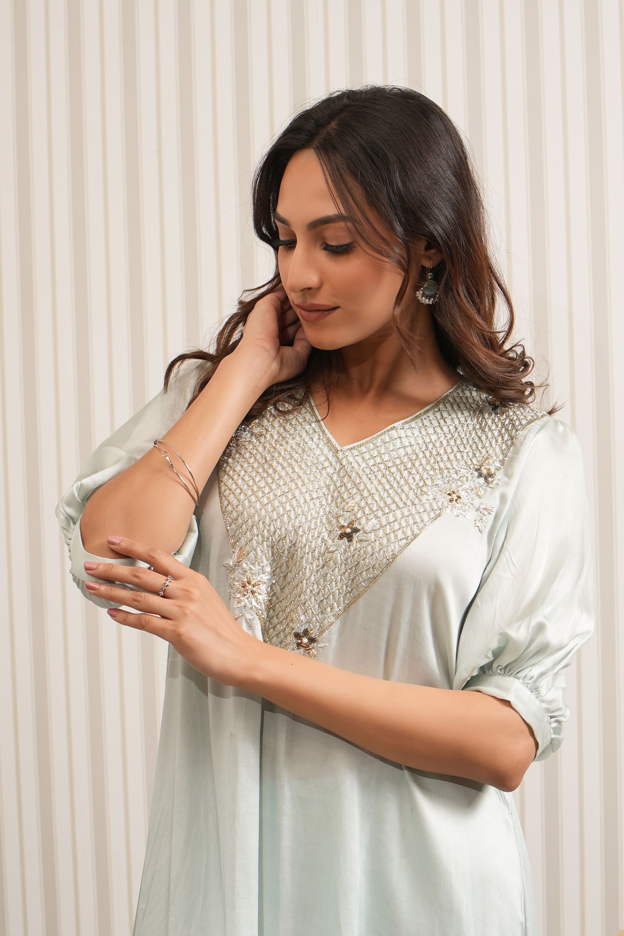 Embroidered Asymmetric Kurta Set - Mint