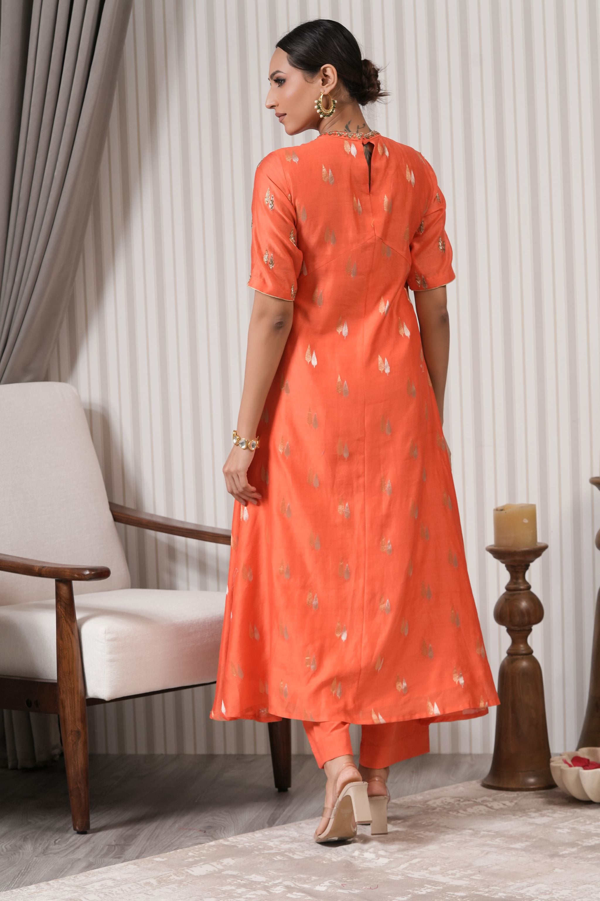 Embroidered Pure Chanderi Floral Booti Asymmetric Kurta Set - Orange