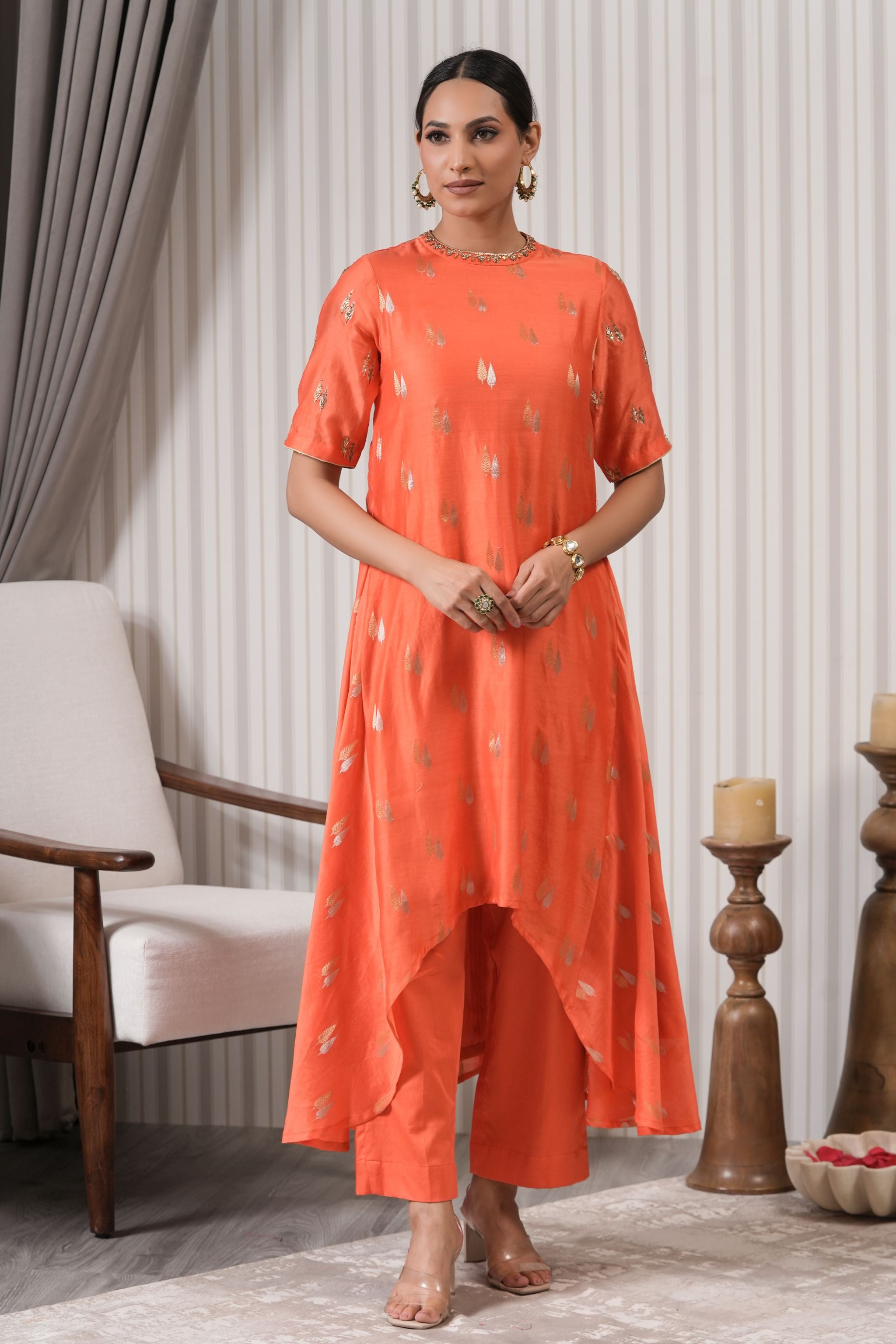 Embroidered Pure Chanderi Floral Booti Asymmetric Kurta Set - Orange
