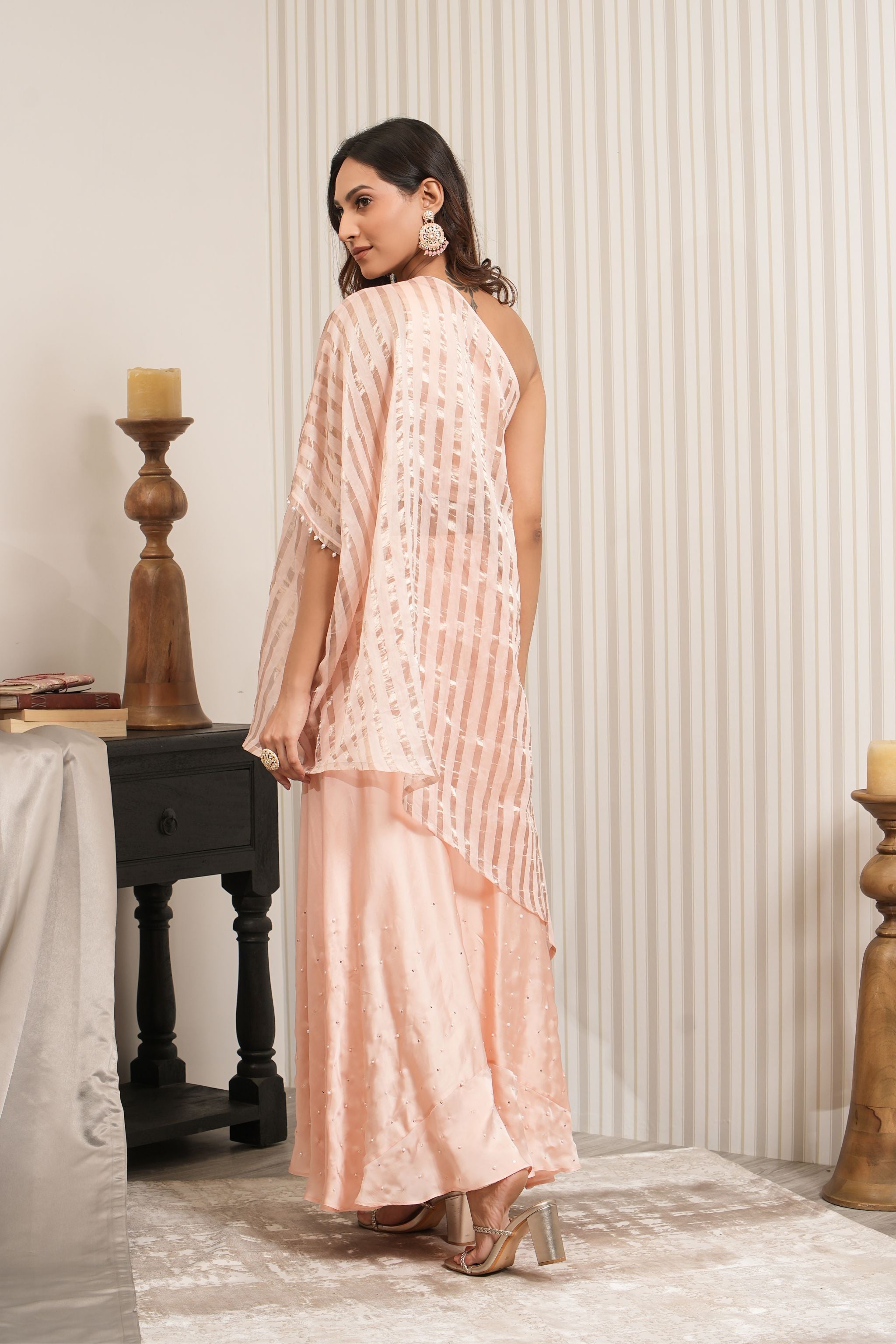 Embroidered Chanderi Silk One Shoulder Sharara Set - Peach