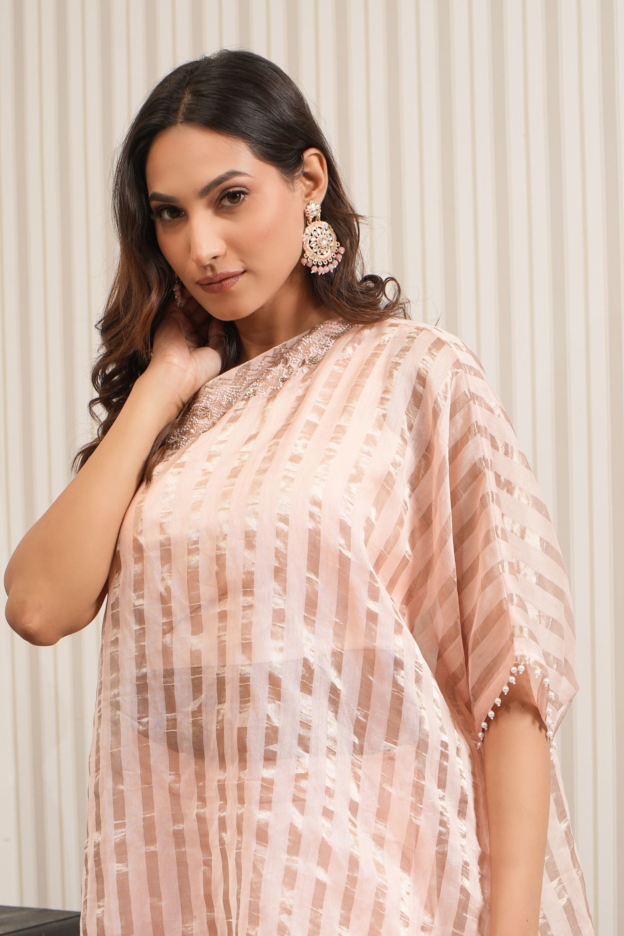 Embroidered Chanderi Silk One Shoulder Sharara Set - Peach