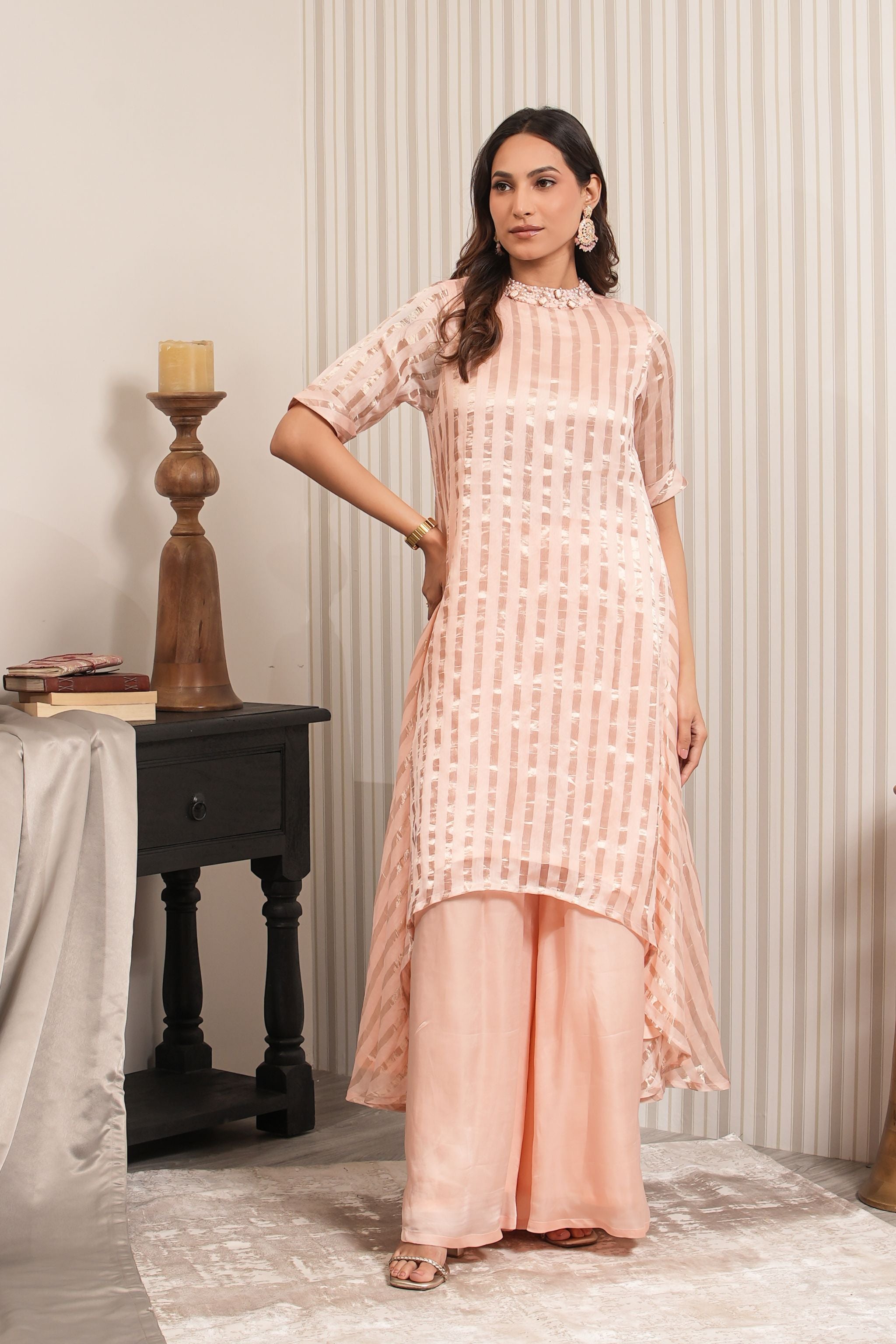 Embroidered Chanderi Silk Sharara Set - Peach
