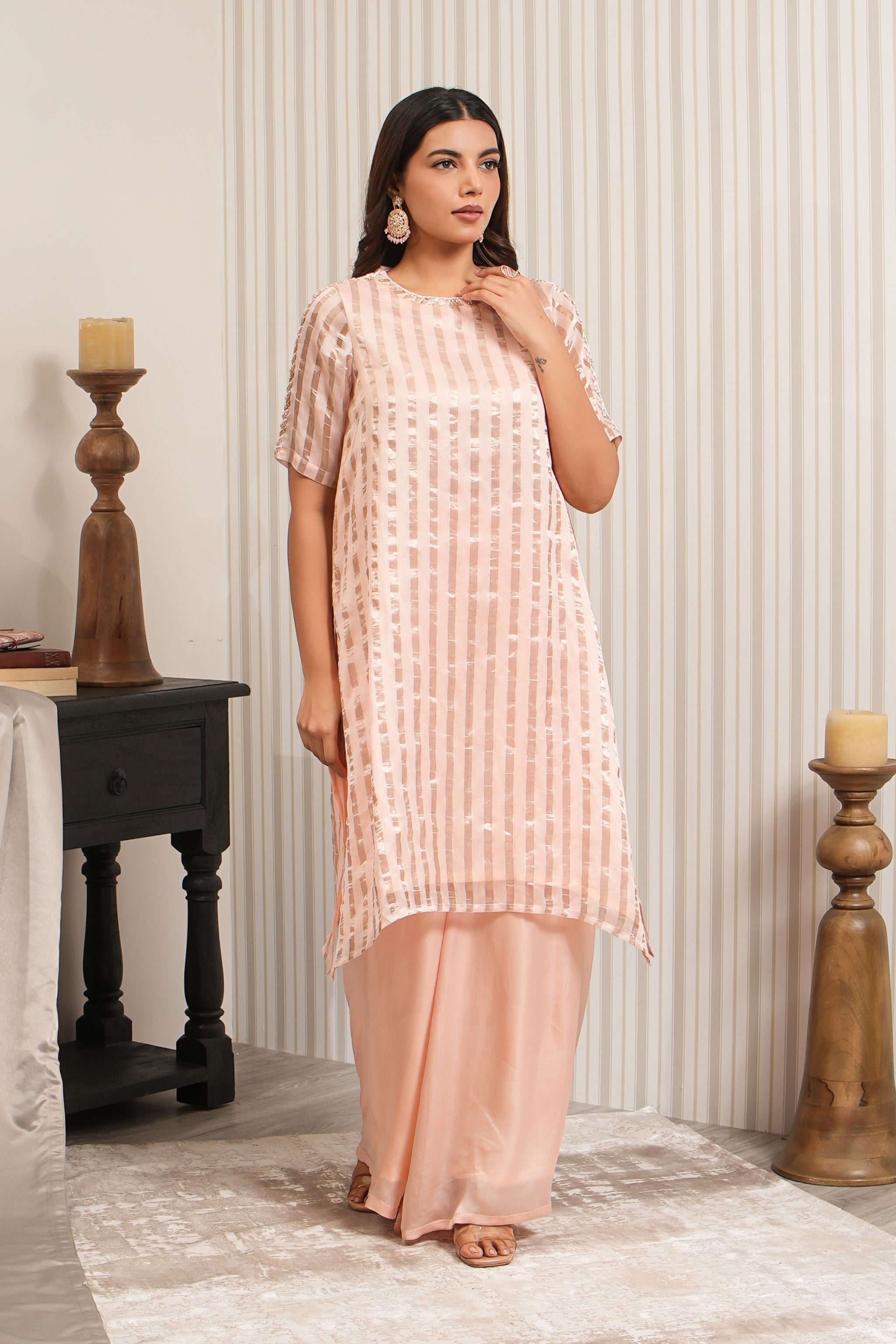 Embroidered Chanderi Silk Sharara Set - Peach