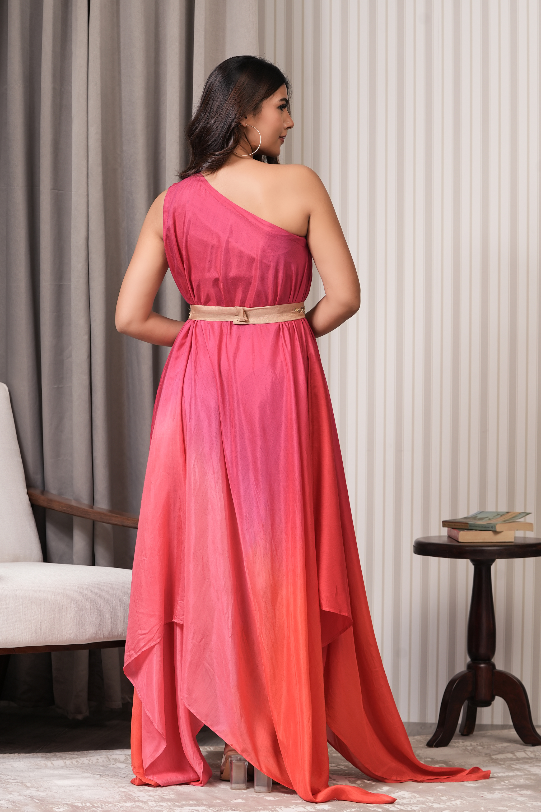 Solid Maslin Asymmetric Kurta Set - Pink