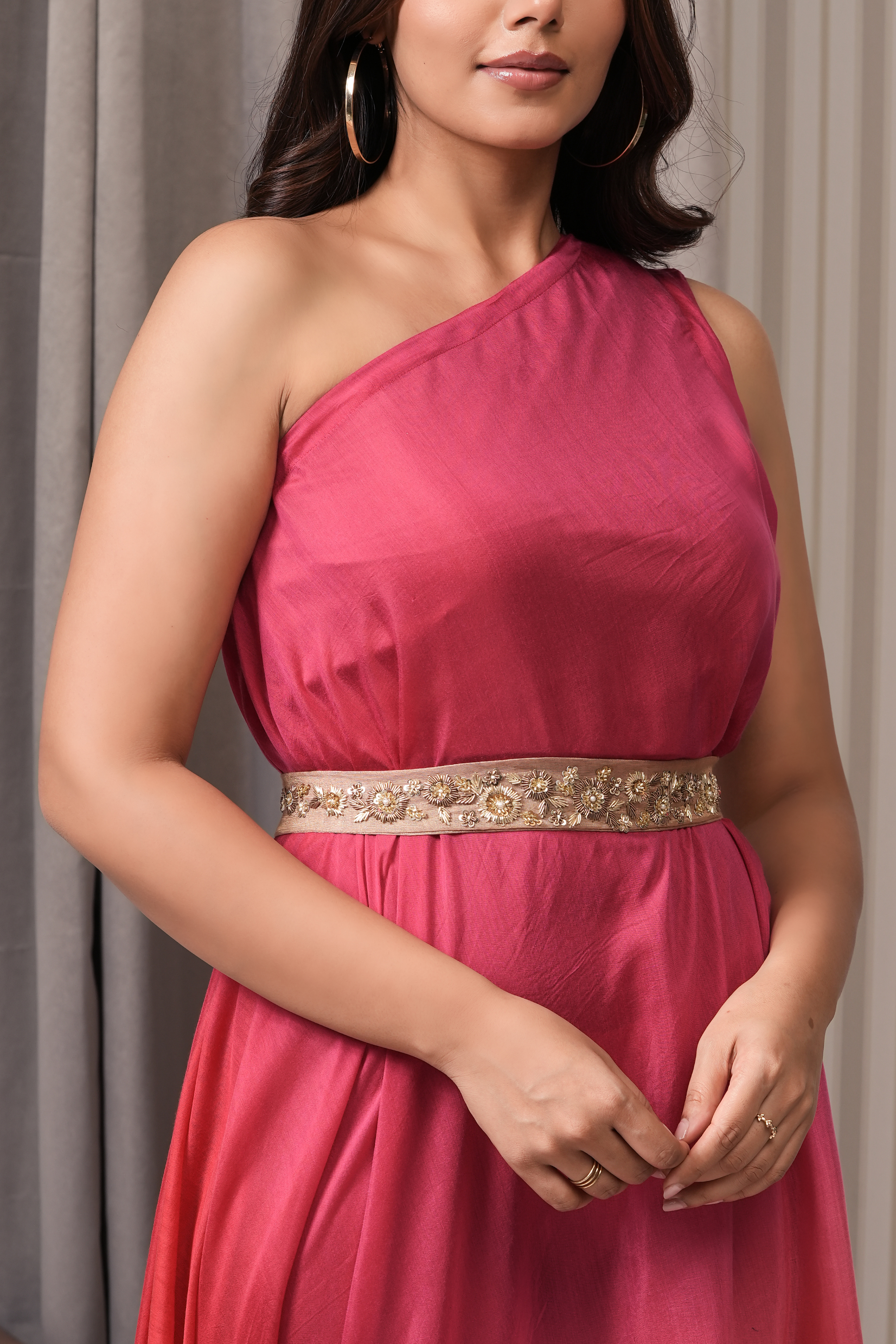Solid Maslin Asymmetric Kurta Set - Pink