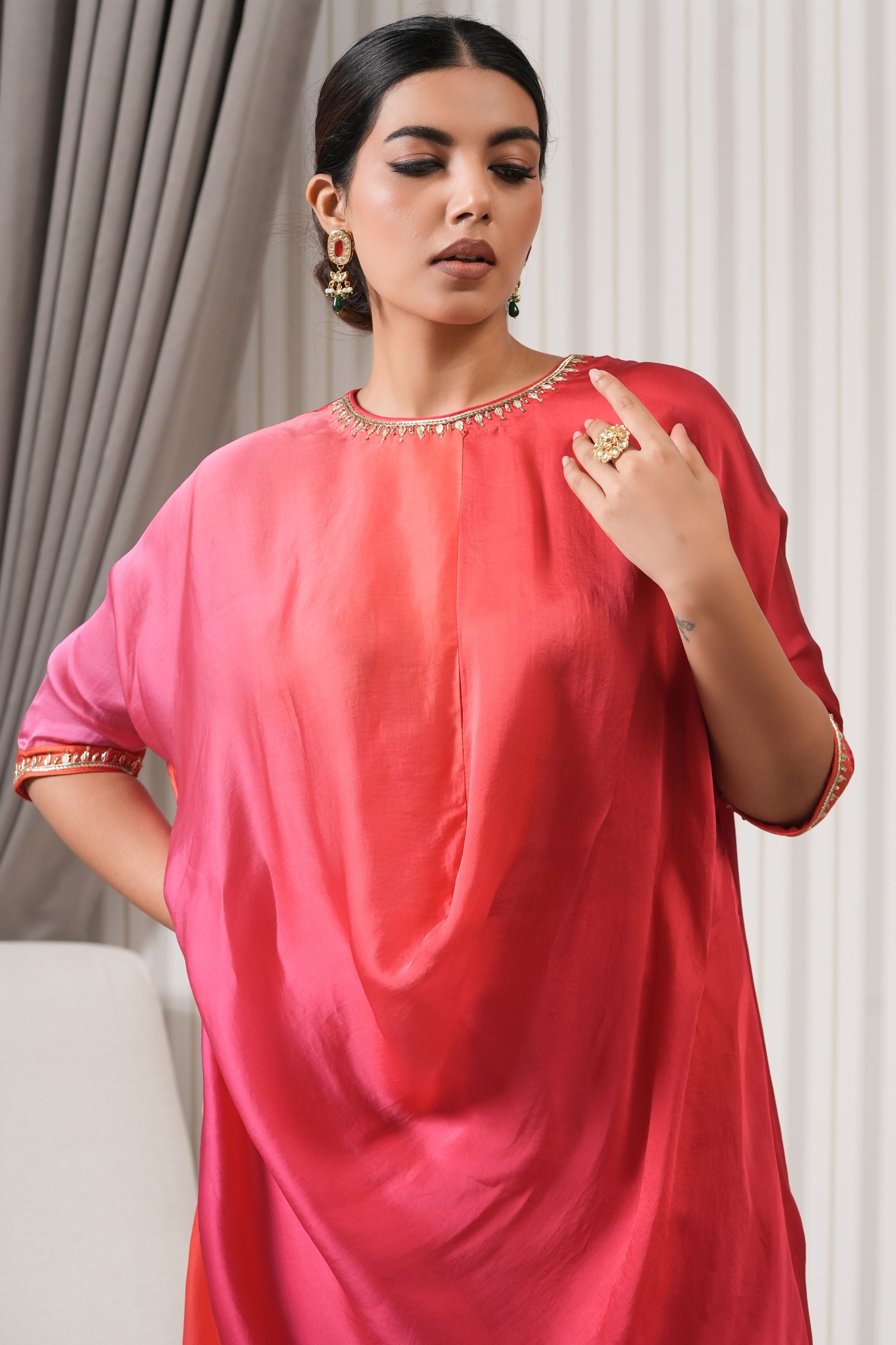 Cowl Neck Embroidered Kurta Set - Pink
