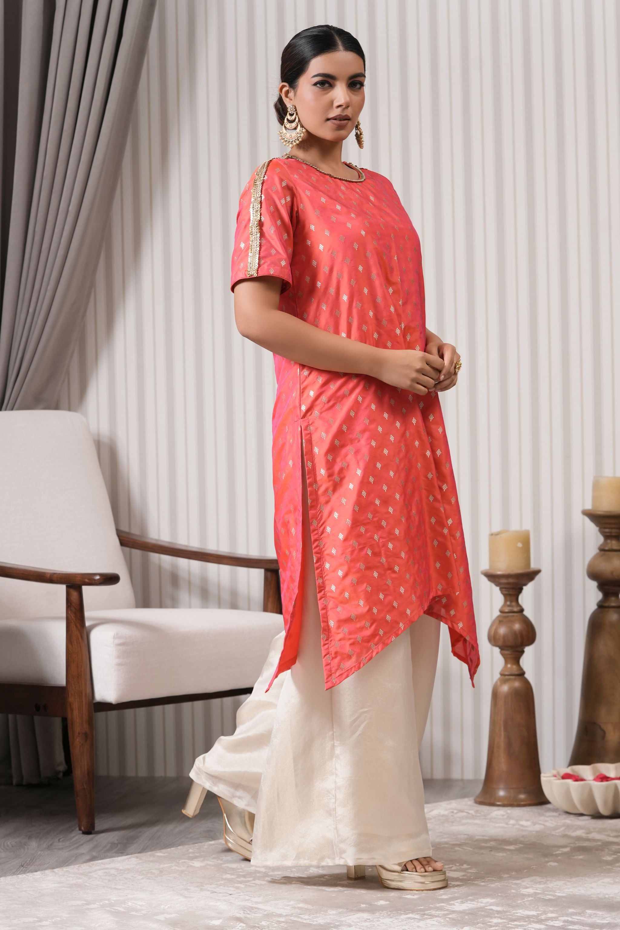 Embroidered Pure Brocade Printed Asymmetric Kurta Set - Pink