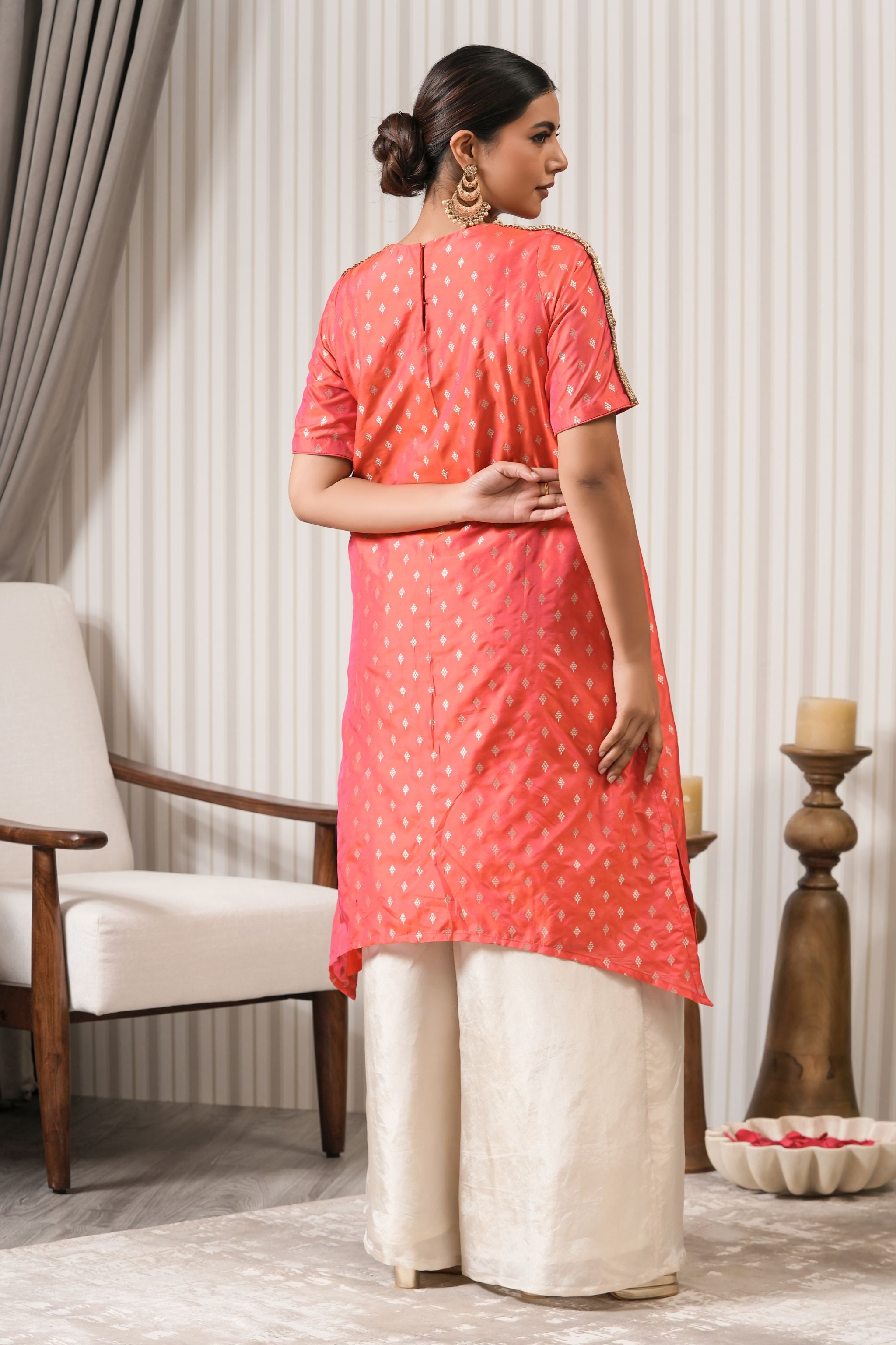 Embroidered Pure Brocade Printed Asymmetric Kurta Set - Pink