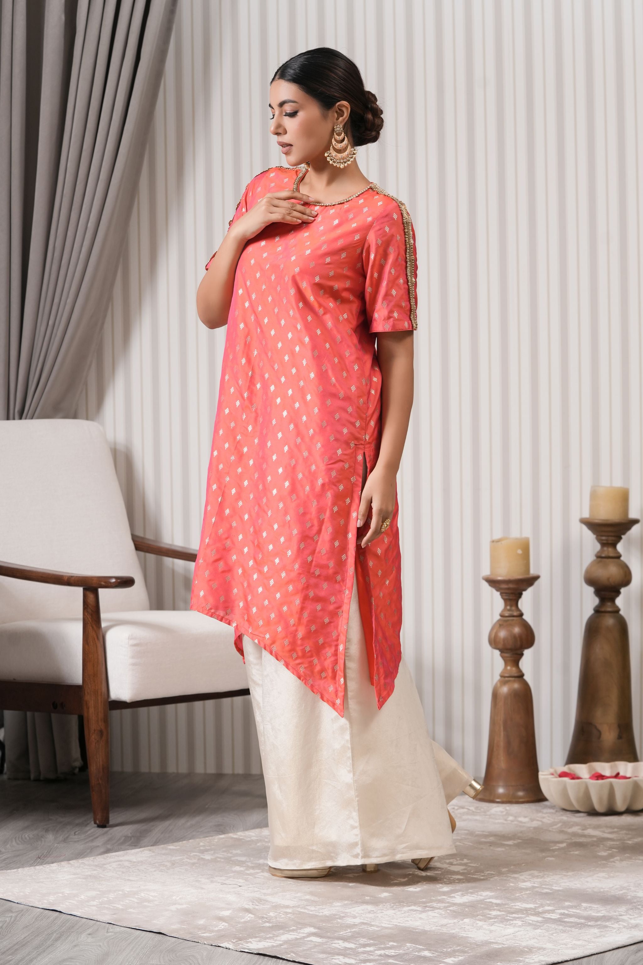 Embroidered Pure Brocade Printed Asymmetric Kurta Set - Pink
