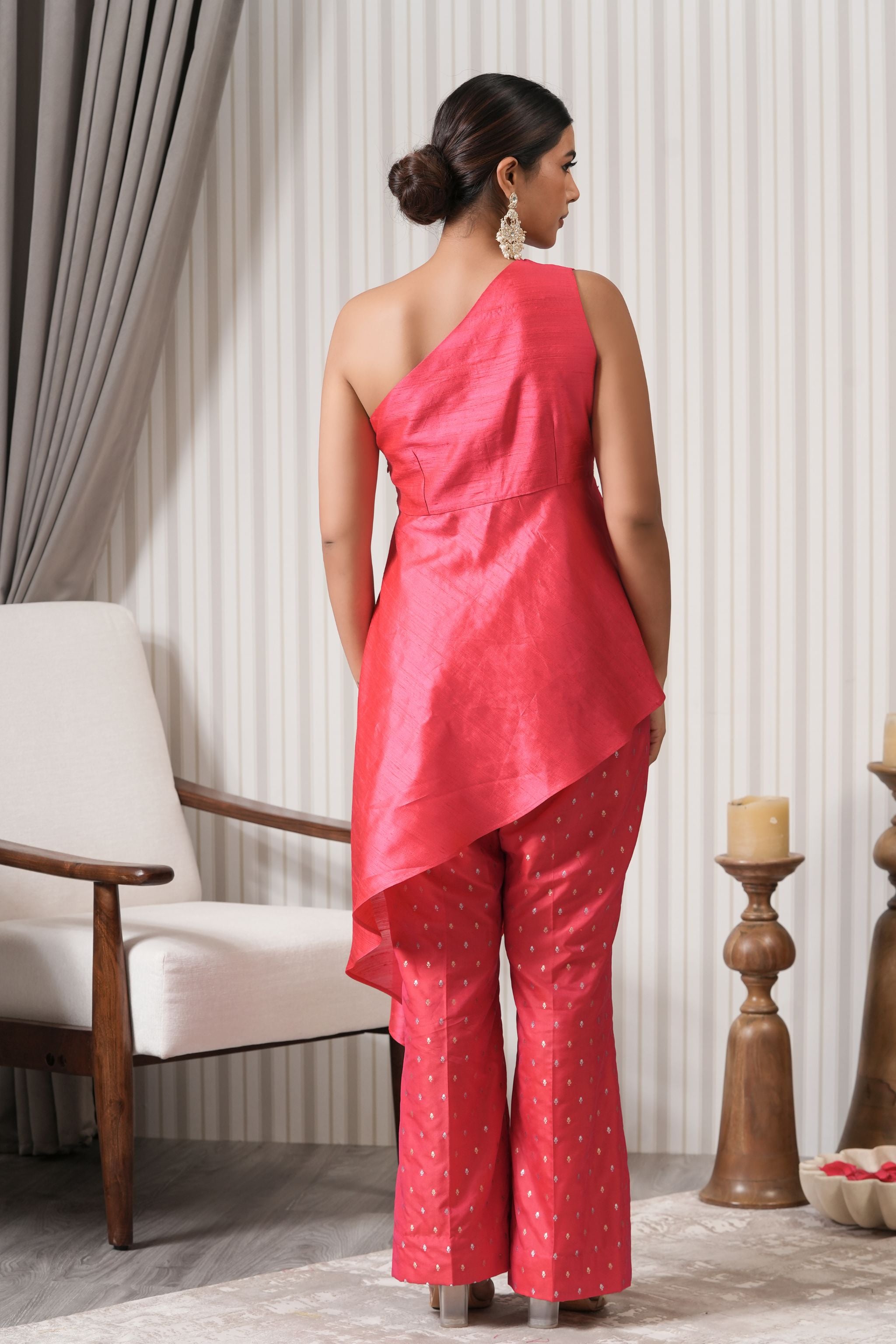 Pink One Shoulder Embroidered Kurta Set - Pink