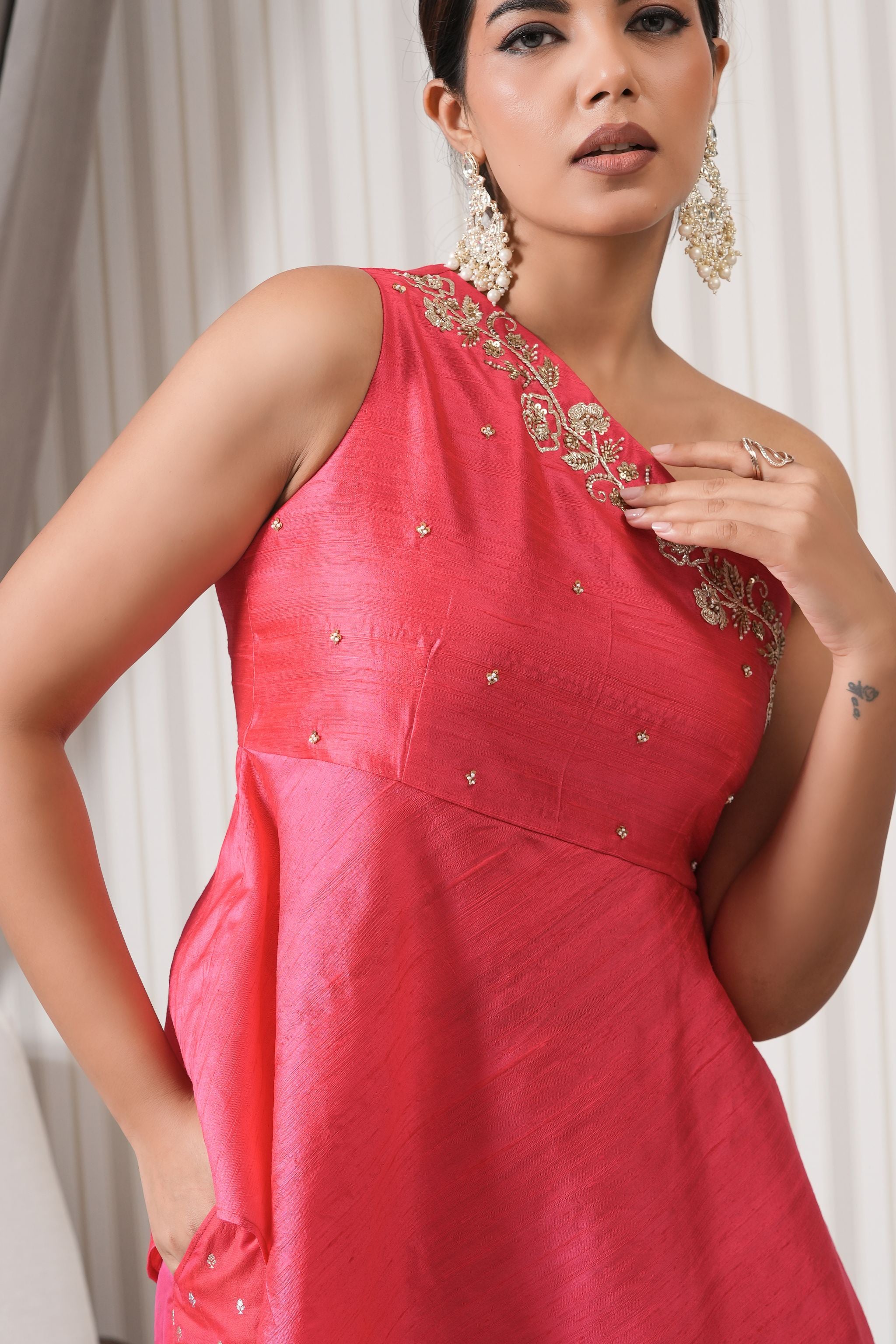 Pink One Shoulder Embroidered Kurta Set - Pink