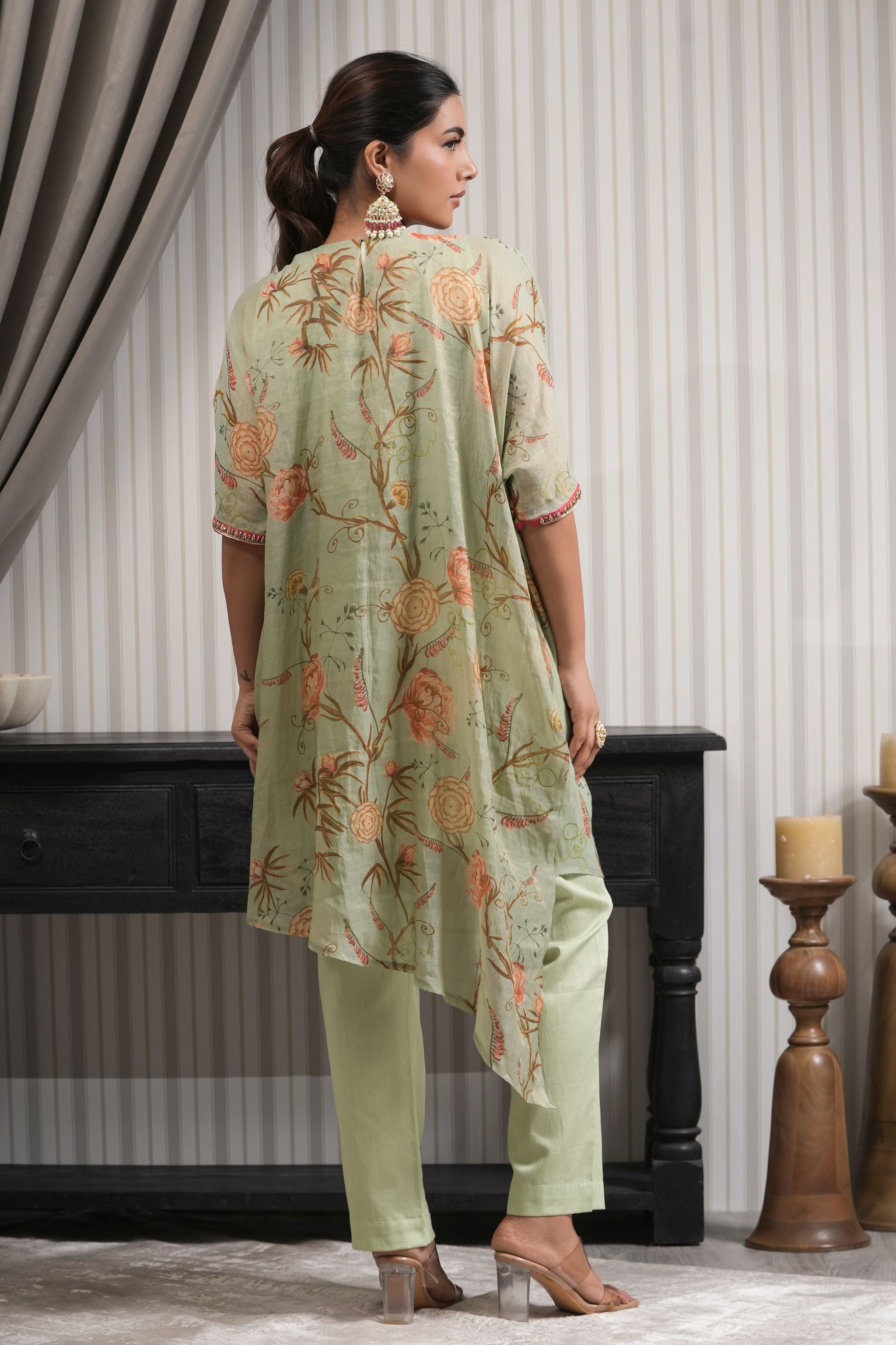 Embroidered Floral Printed Kurta Set - Pista Green