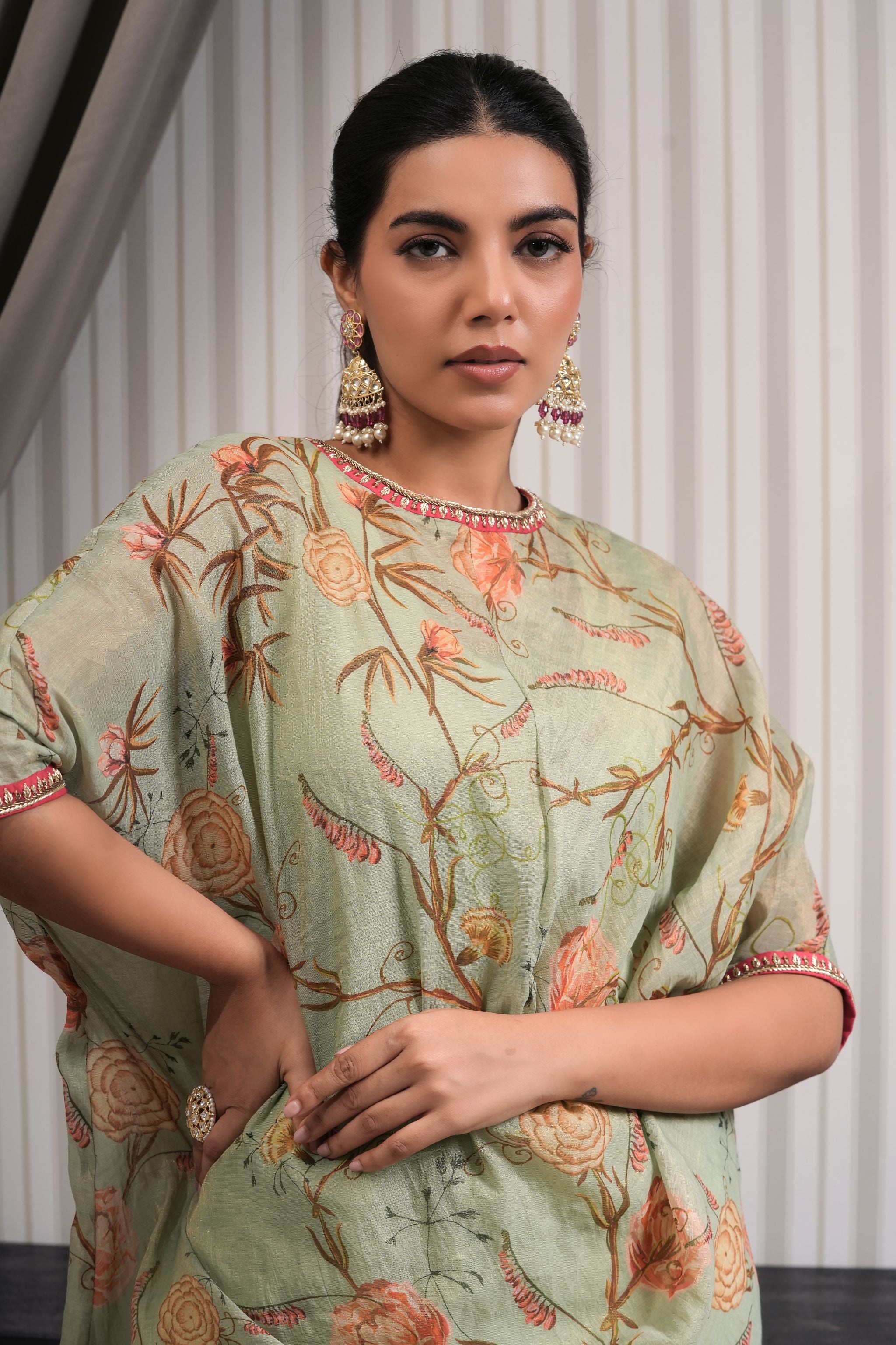 Embroidered Floral Printed Kurta Set - Pista Green