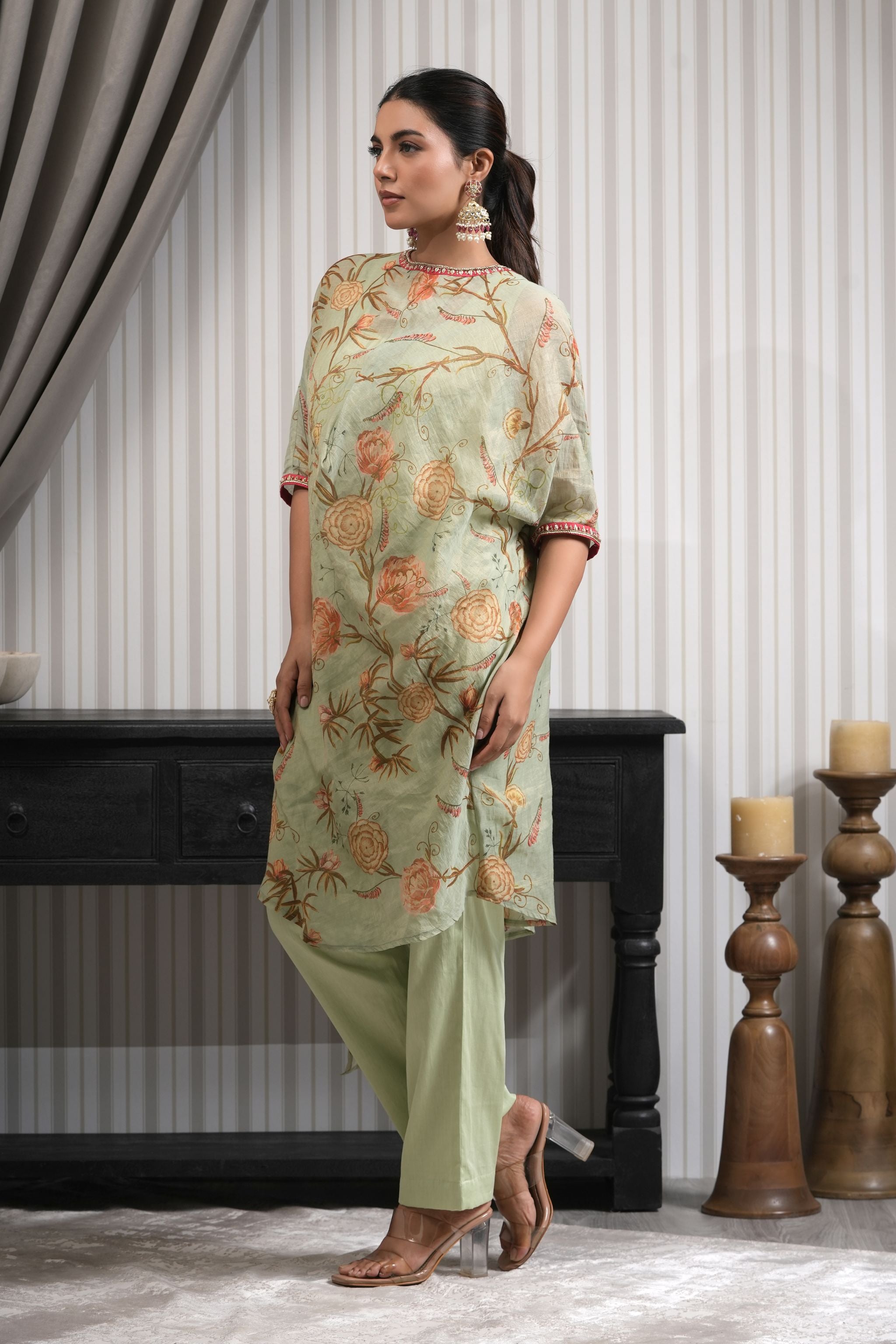 Embroidered Floral Printed Kurta Set - Pista Green
