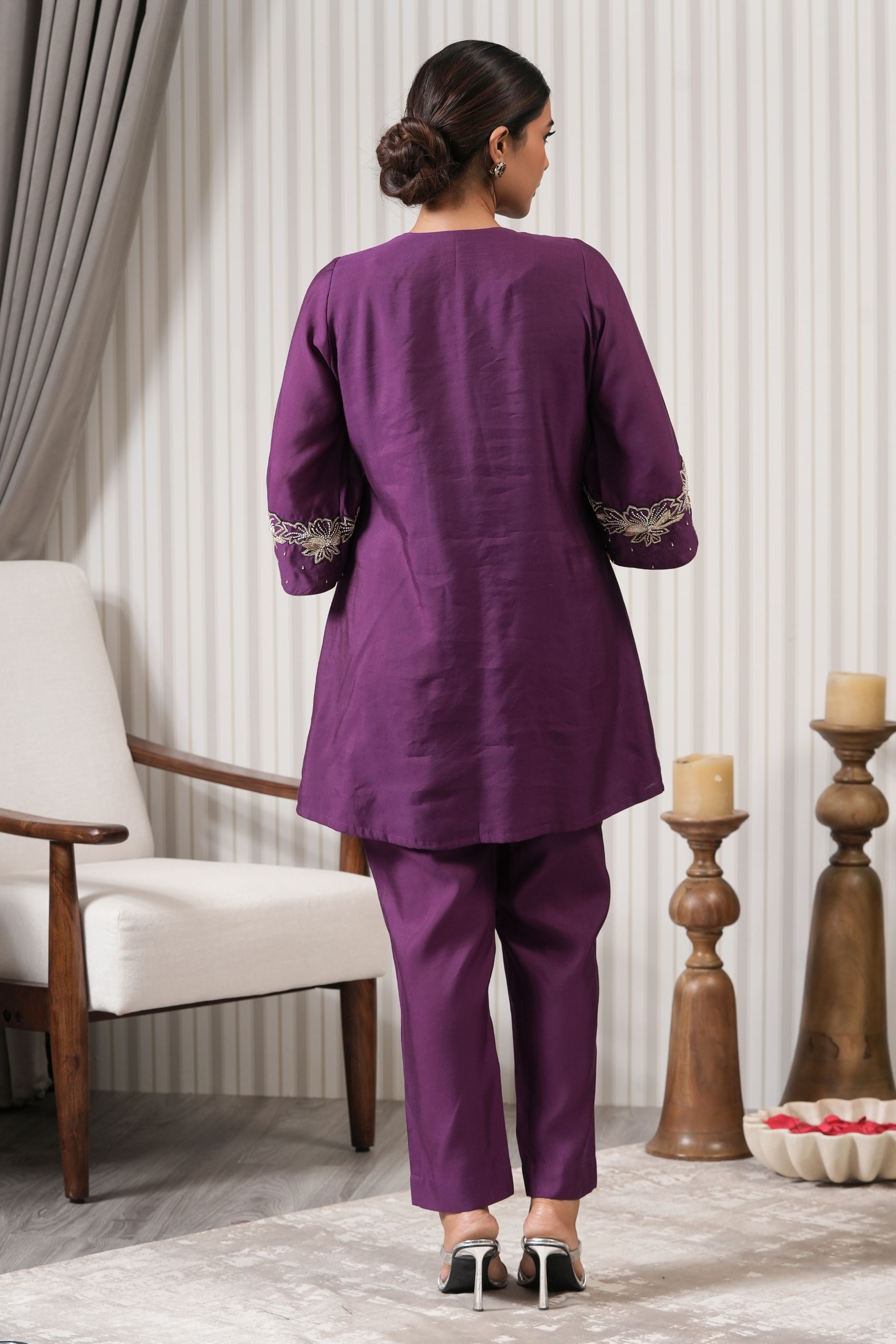 Embroidered Chiniya Silk A-line Kurta Set - Purple