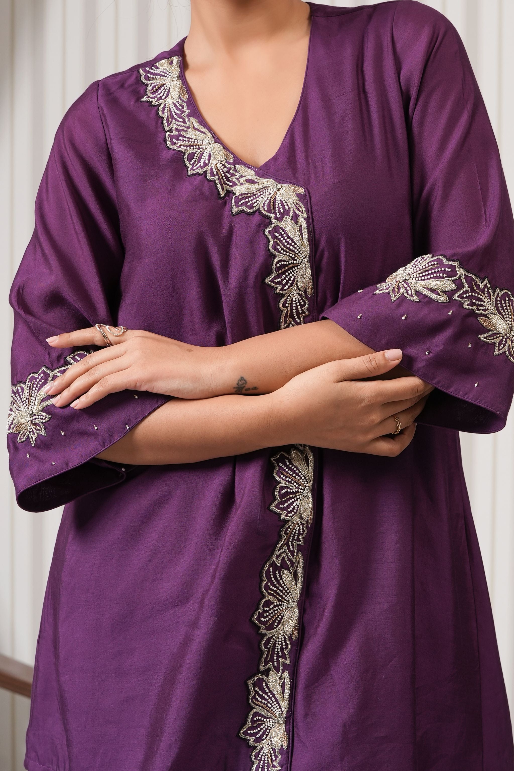 Embroidered Chiniya Silk A-line Kurta Set - Purple