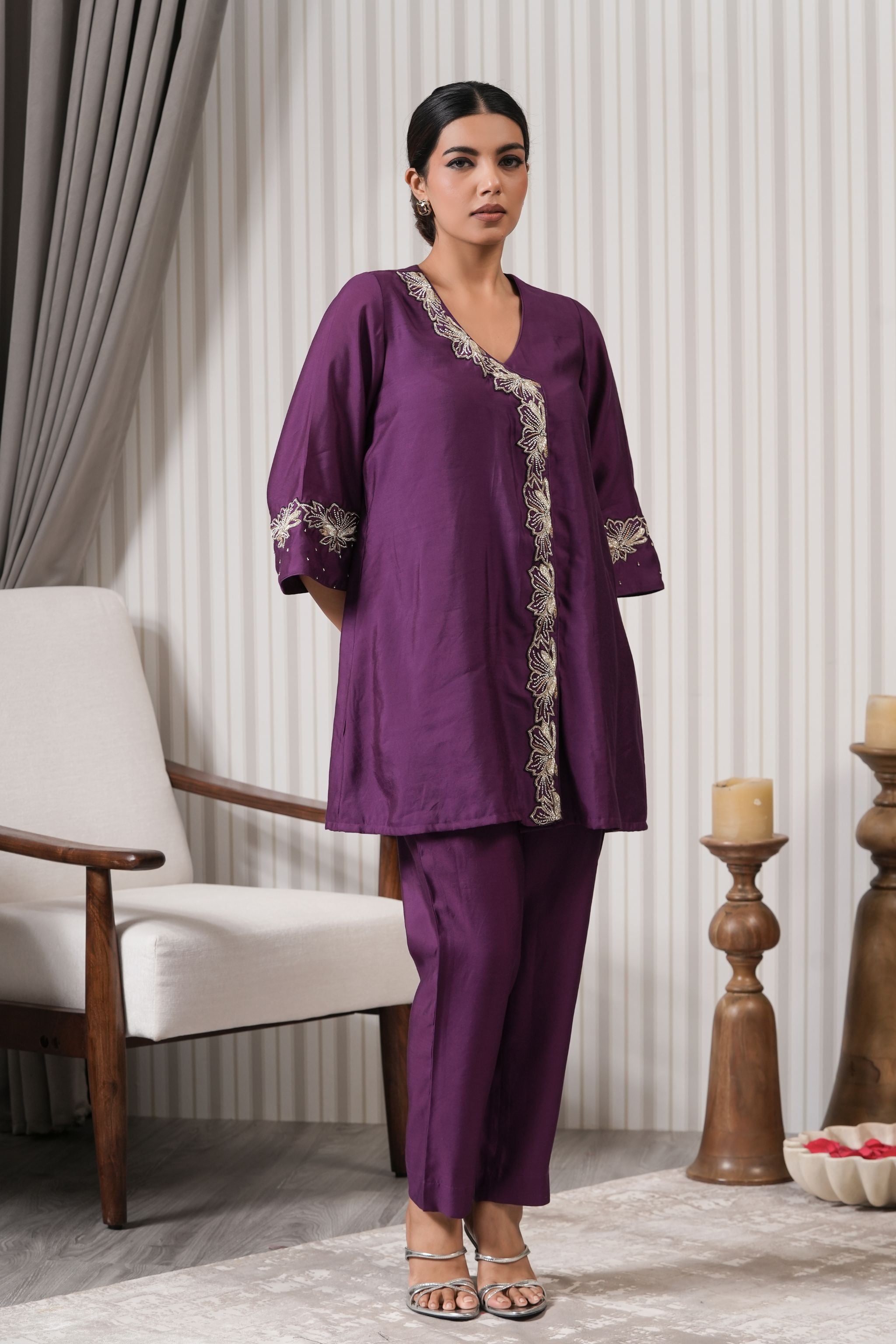 Embroidered Chiniya Silk A-line Kurta Set - Purple