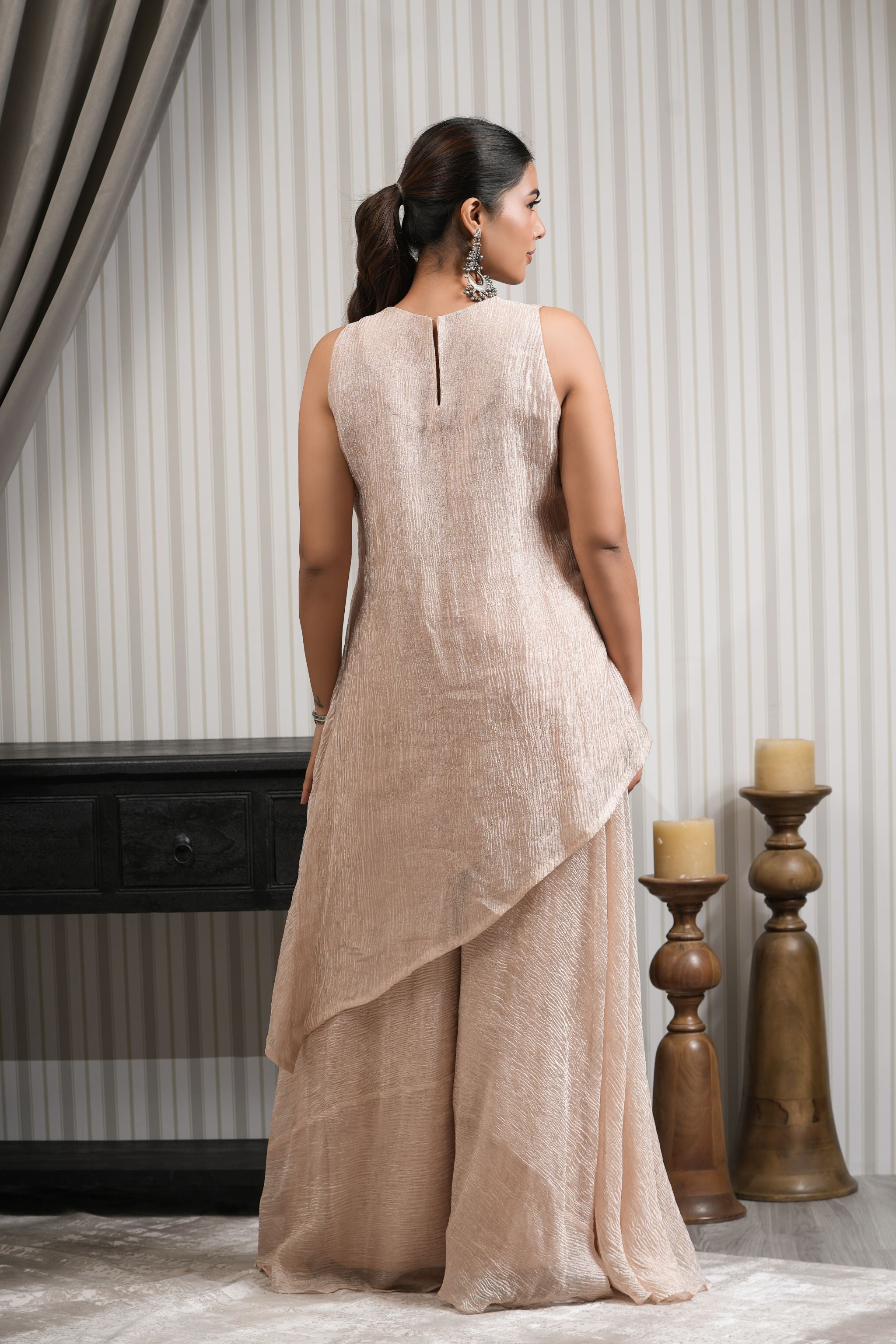 Crushed Tissue Embroidered Asymmetric Kurta Sharara Set - Pewter