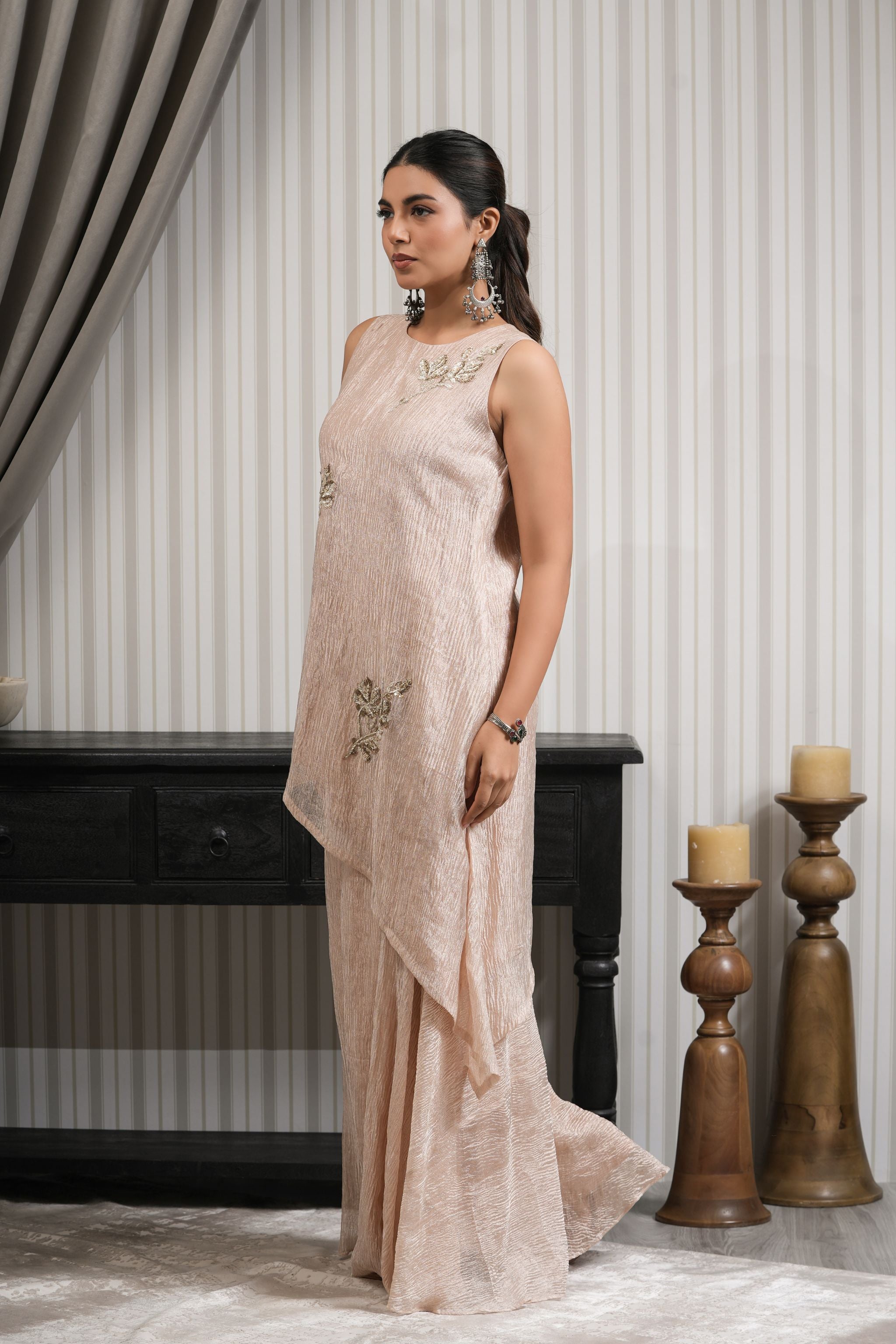 Crushed Tissue Embroidered Asymmetric Kurta Sharara Set - Pewter