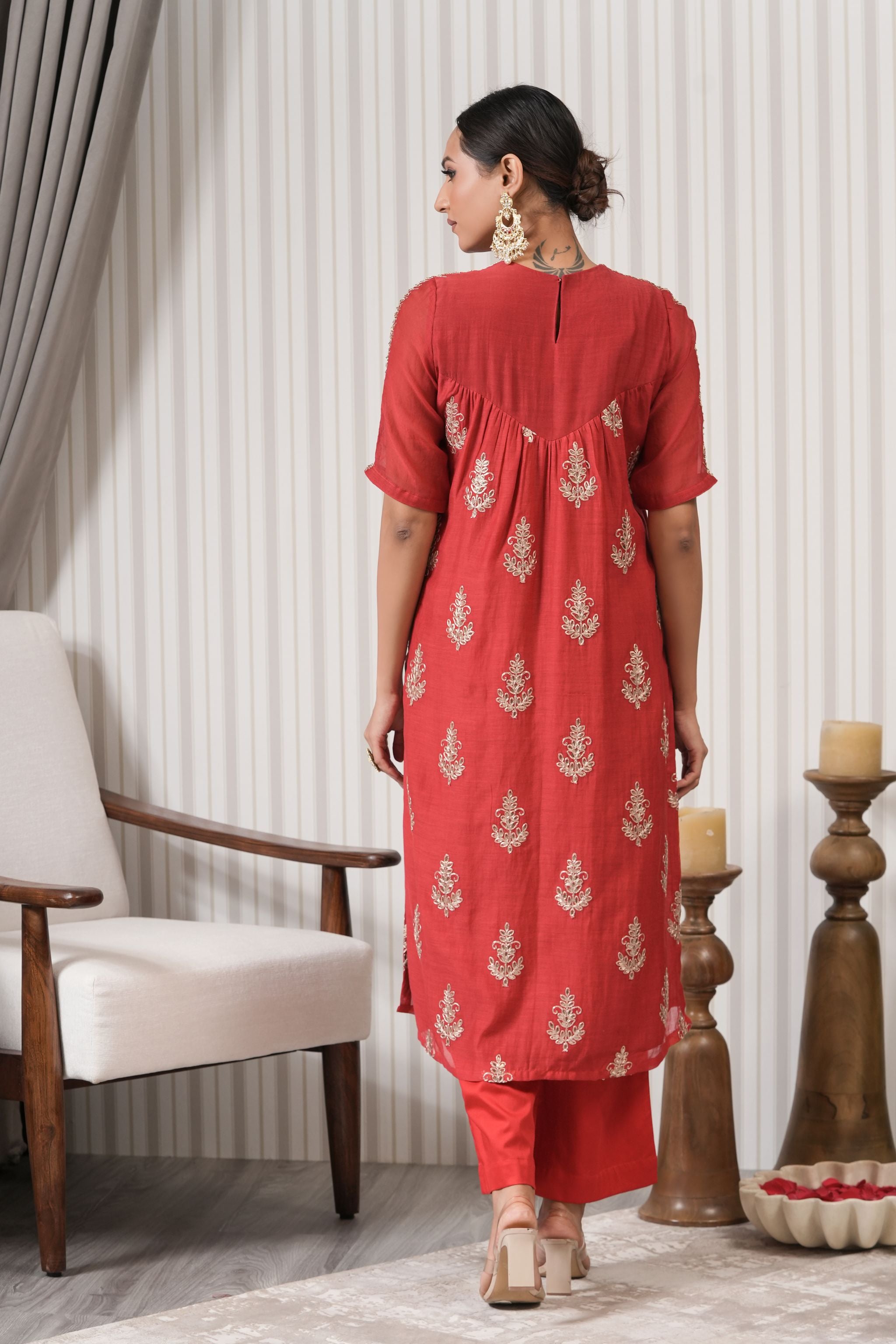 Pure Embroidered Chanderi Straight kurta Set - Red
