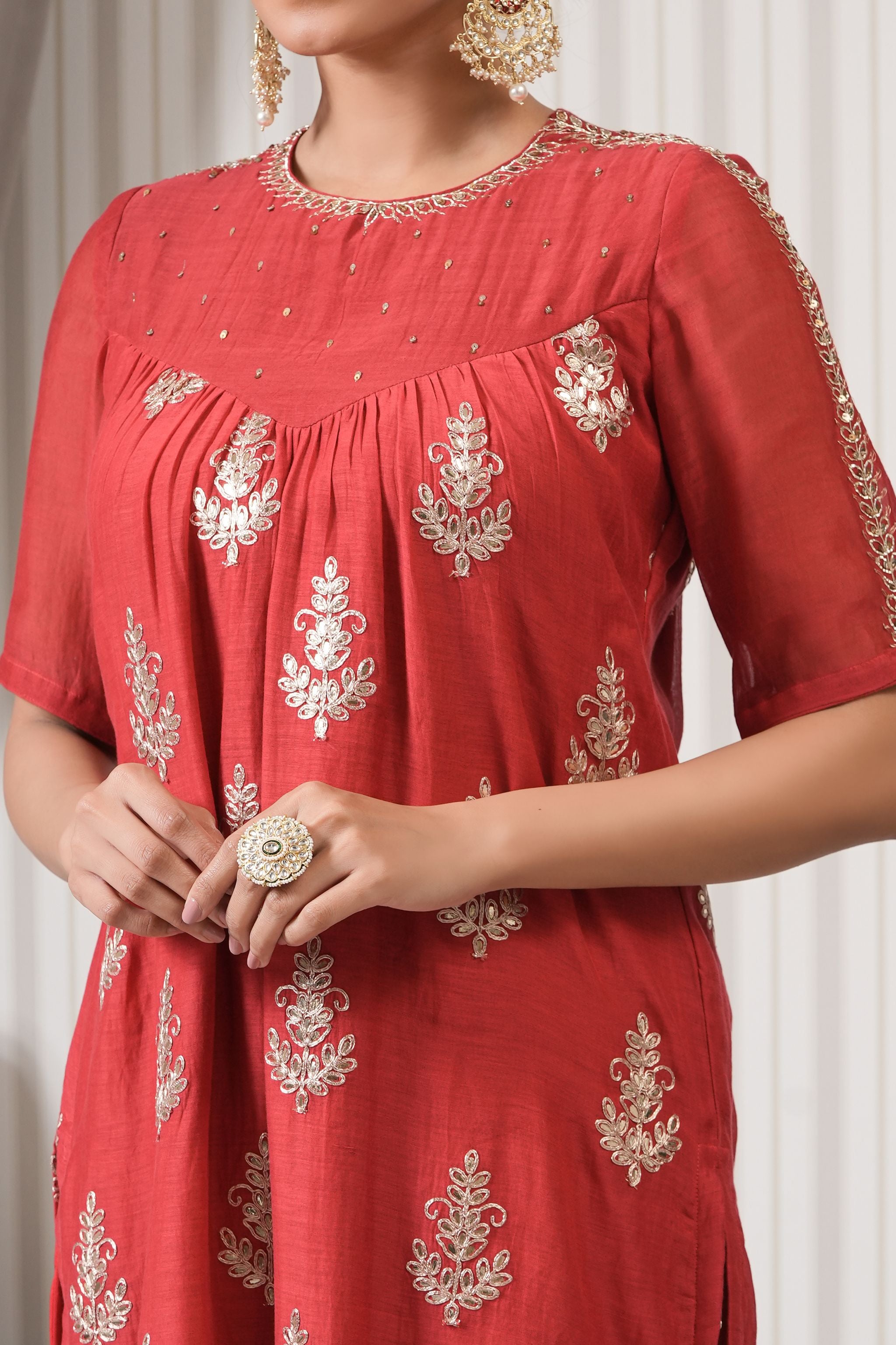 Pure Embroidered Chanderi Straight kurta Set - Red