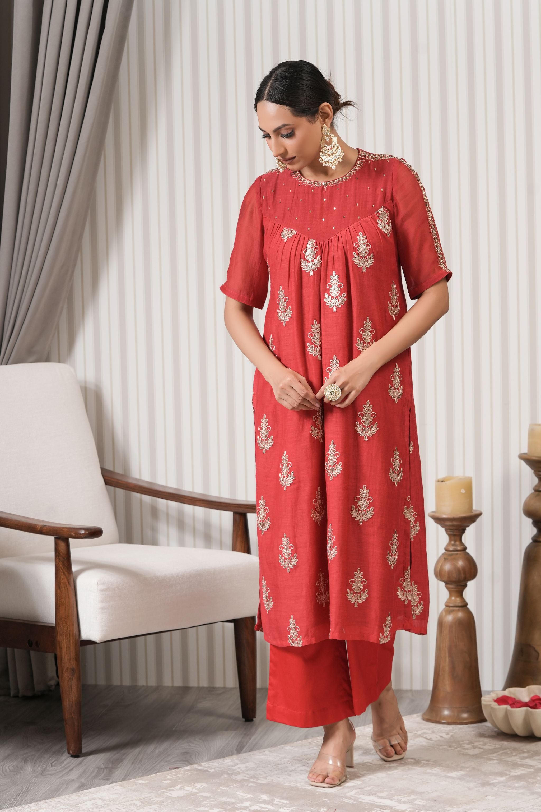Pure Embroidered Chanderi Straight kurta Set - Red