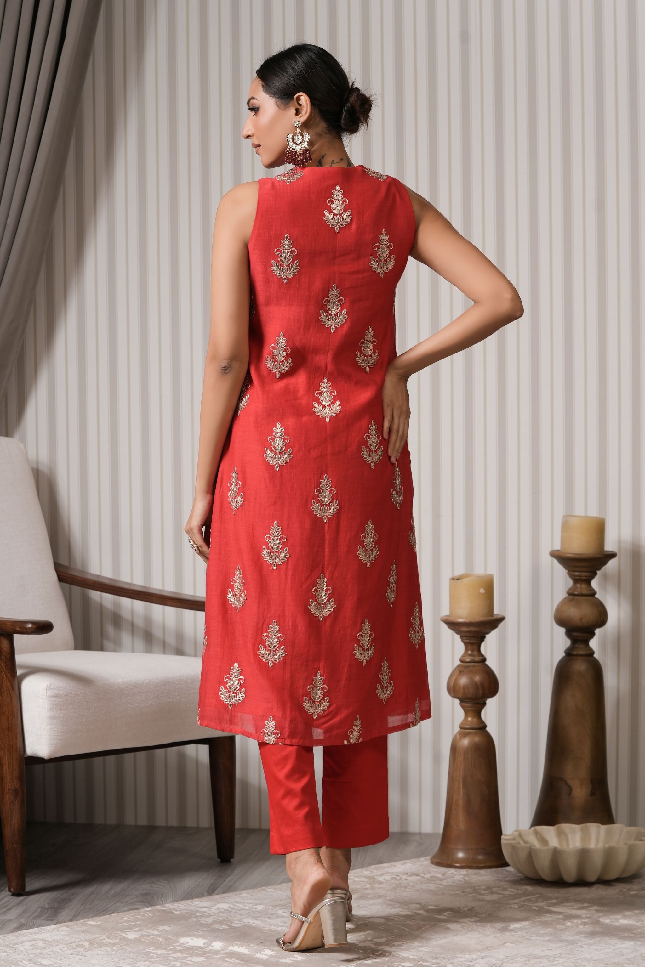 Pure Embroidered Chanderi A-line Kurta Set - Red