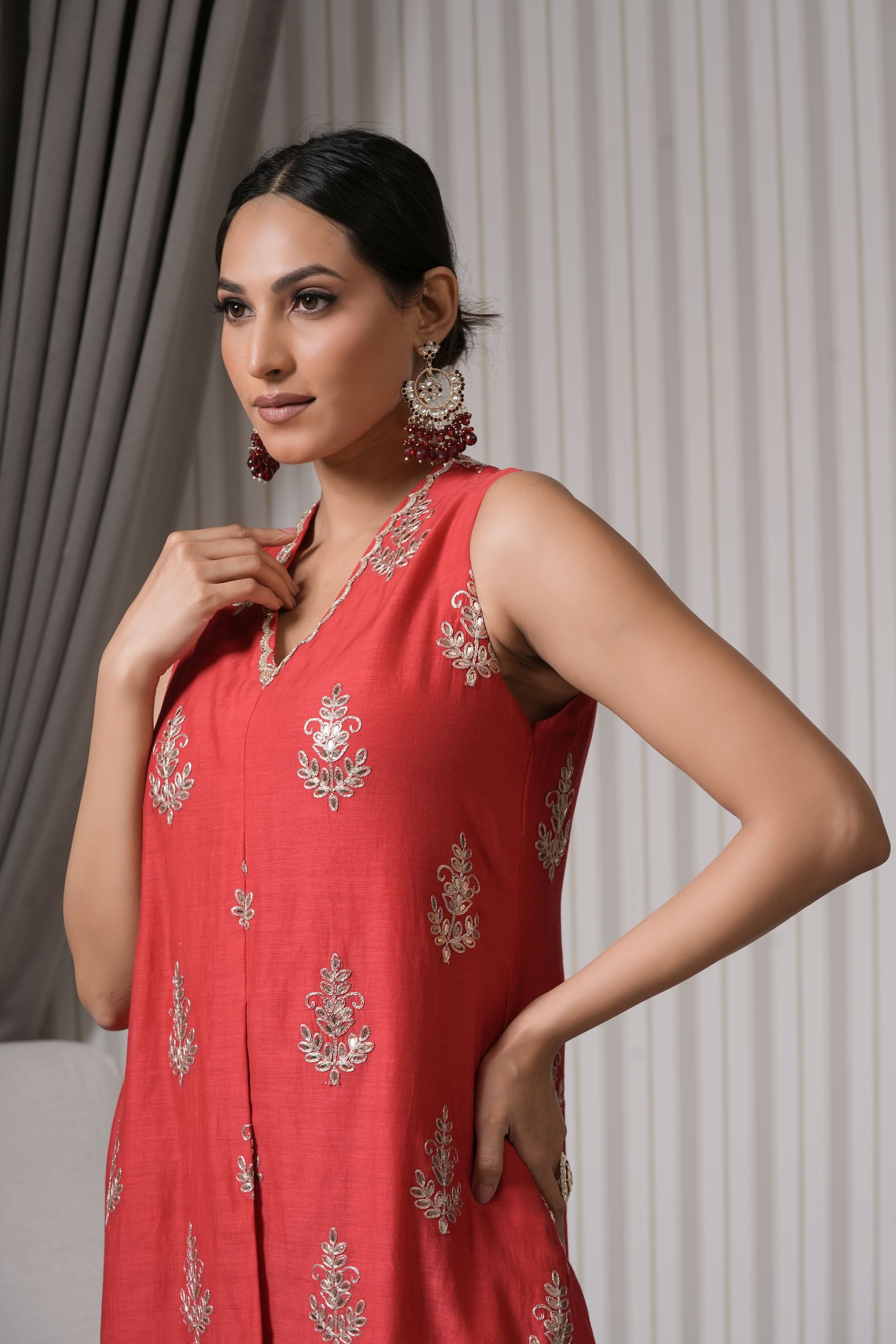 Pure Embroidered Chanderi A-line Kurta Set - Red