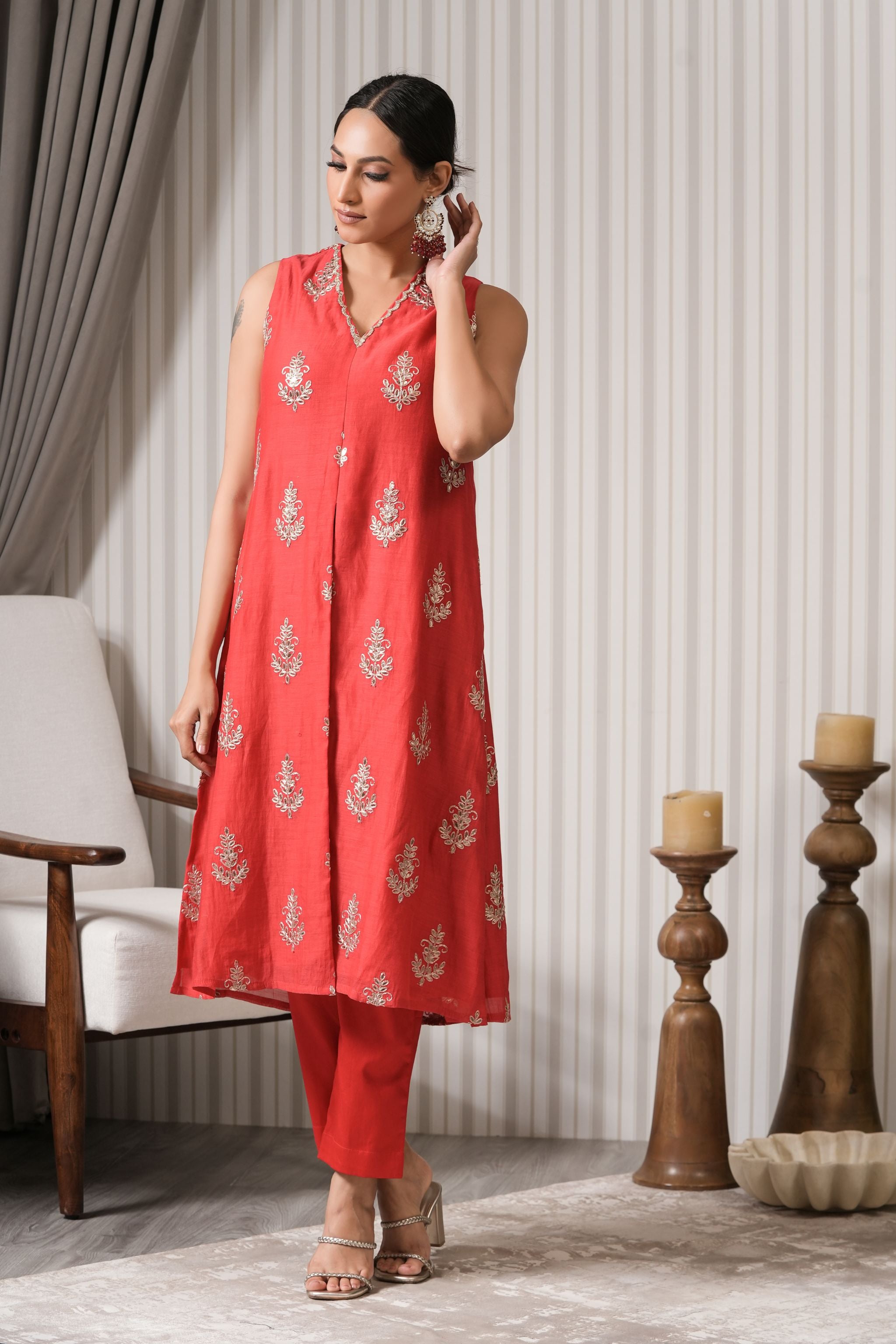 Pure Embroidered Chanderi A-line Kurta Set - Red