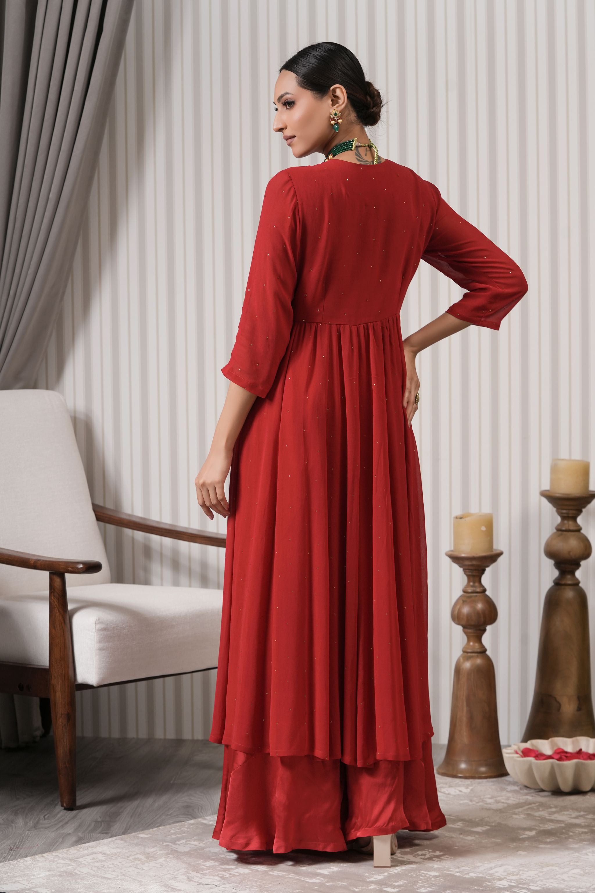 Embroidered Floral Butta Kurta Sharara Set - Red