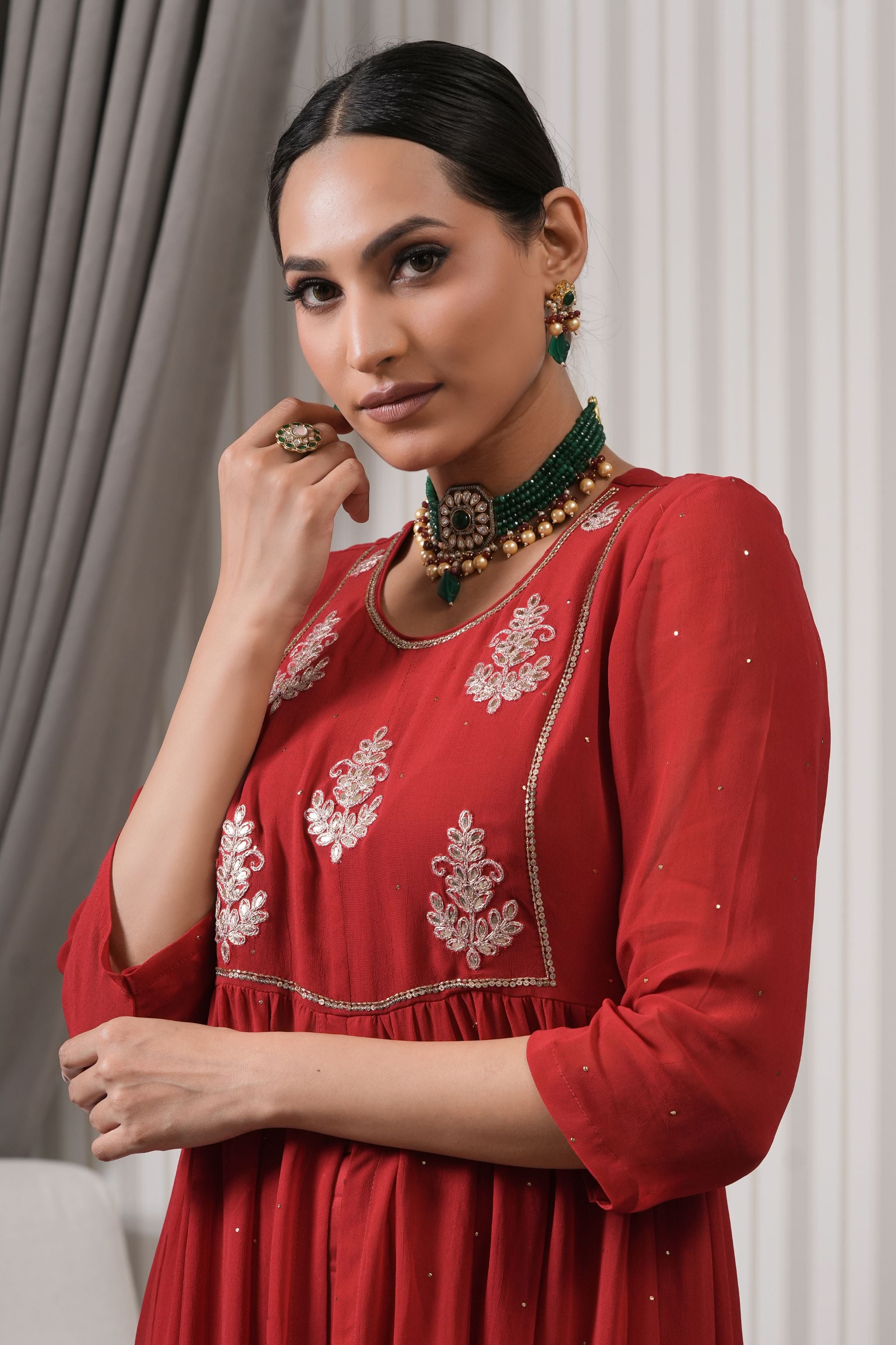 Embroidered Floral Butta Kurta Sharara Set - Red