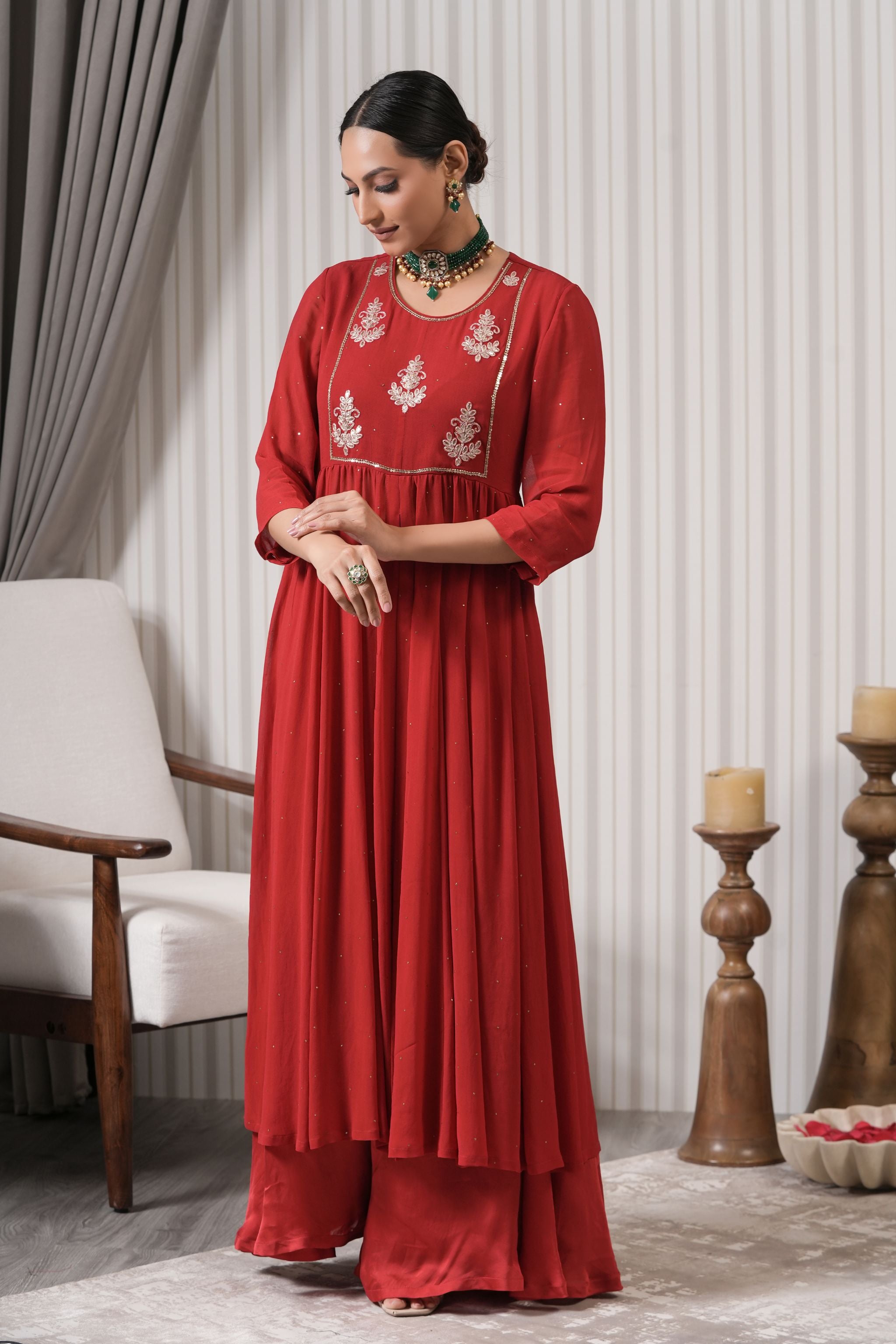 Embroidered Floral Butta Kurta Sharara Set - Red