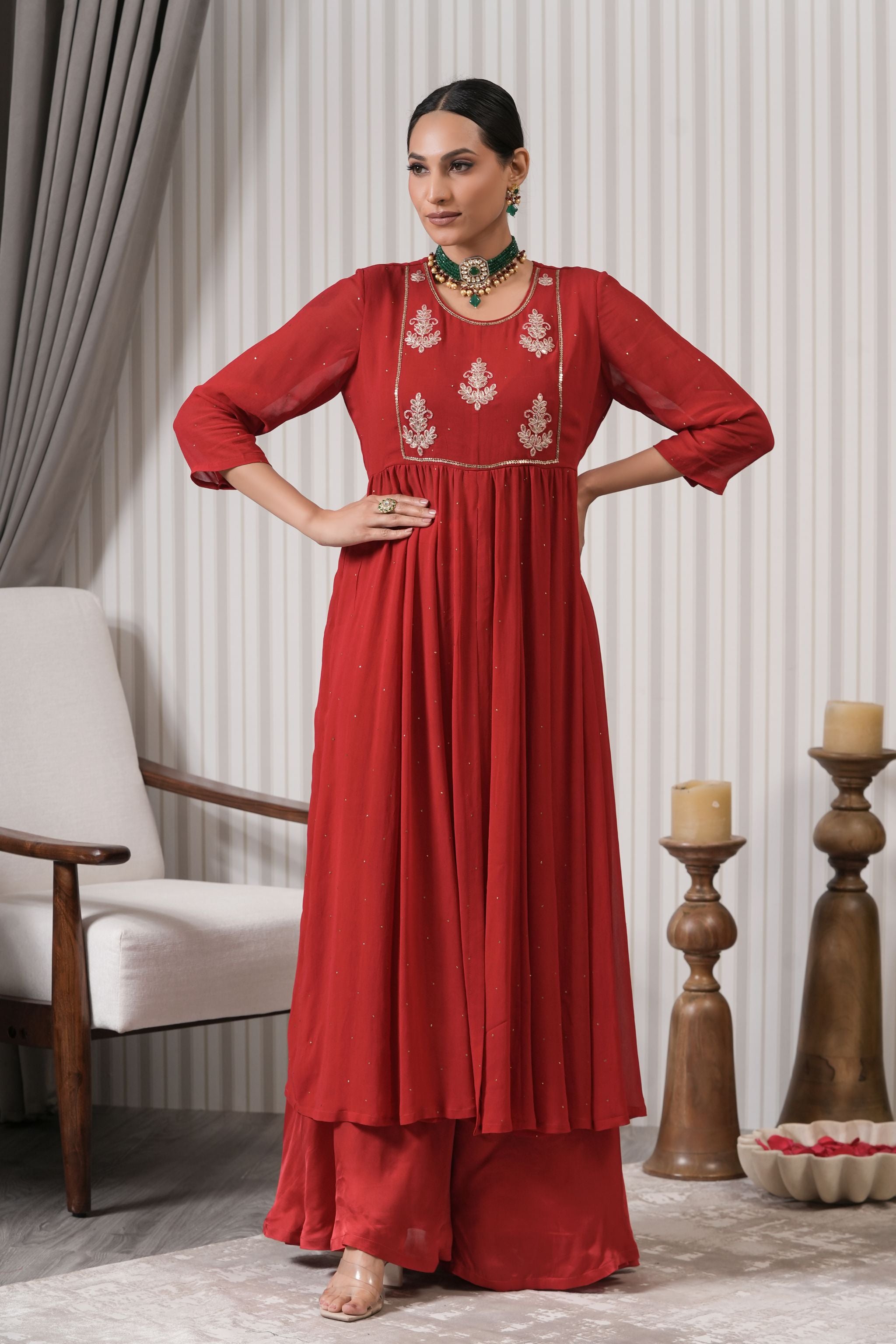 Embroidered Floral Butta Kurta Sharara Set - Red