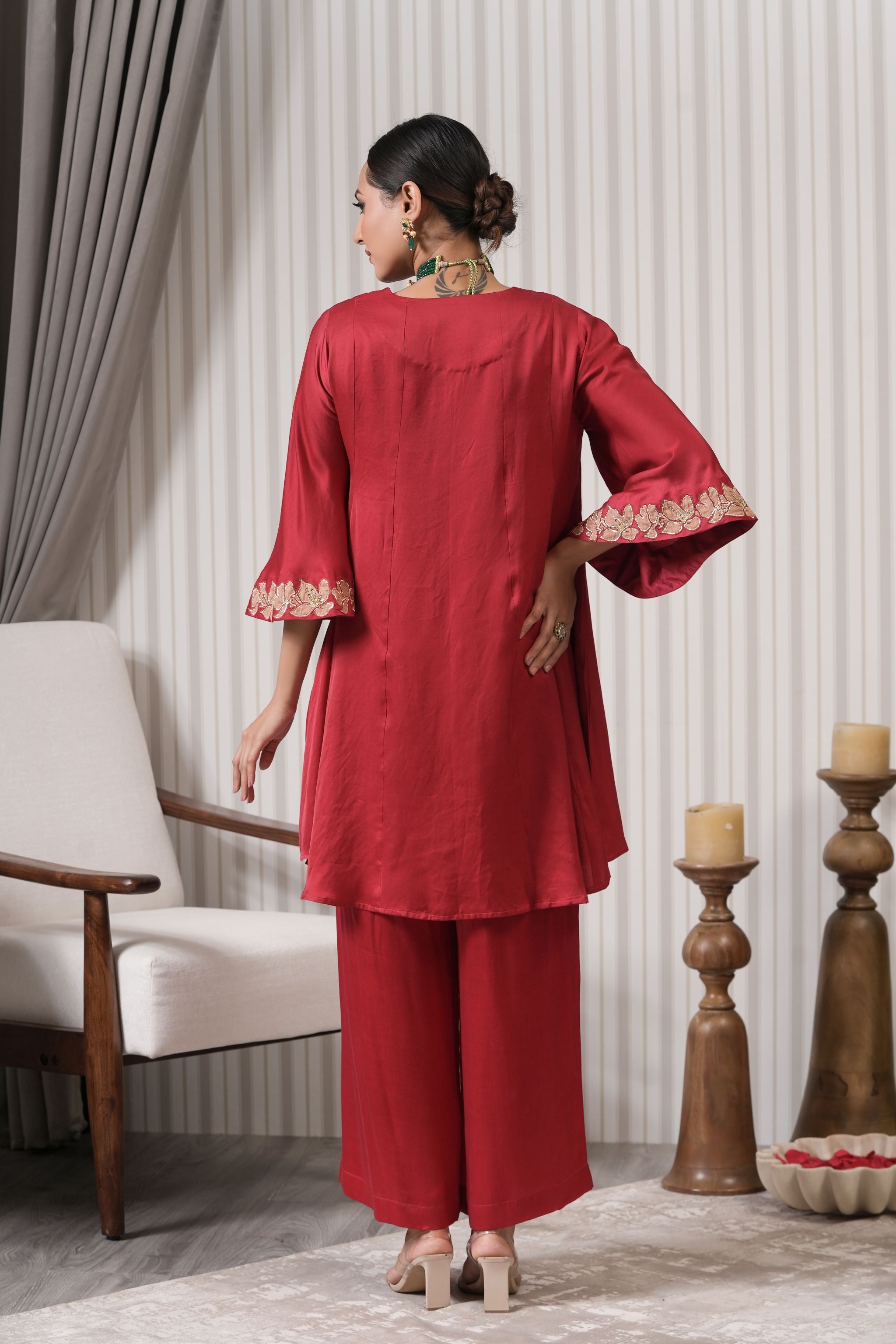 Embroidered Silk A-line Kurta Set - Red Pink