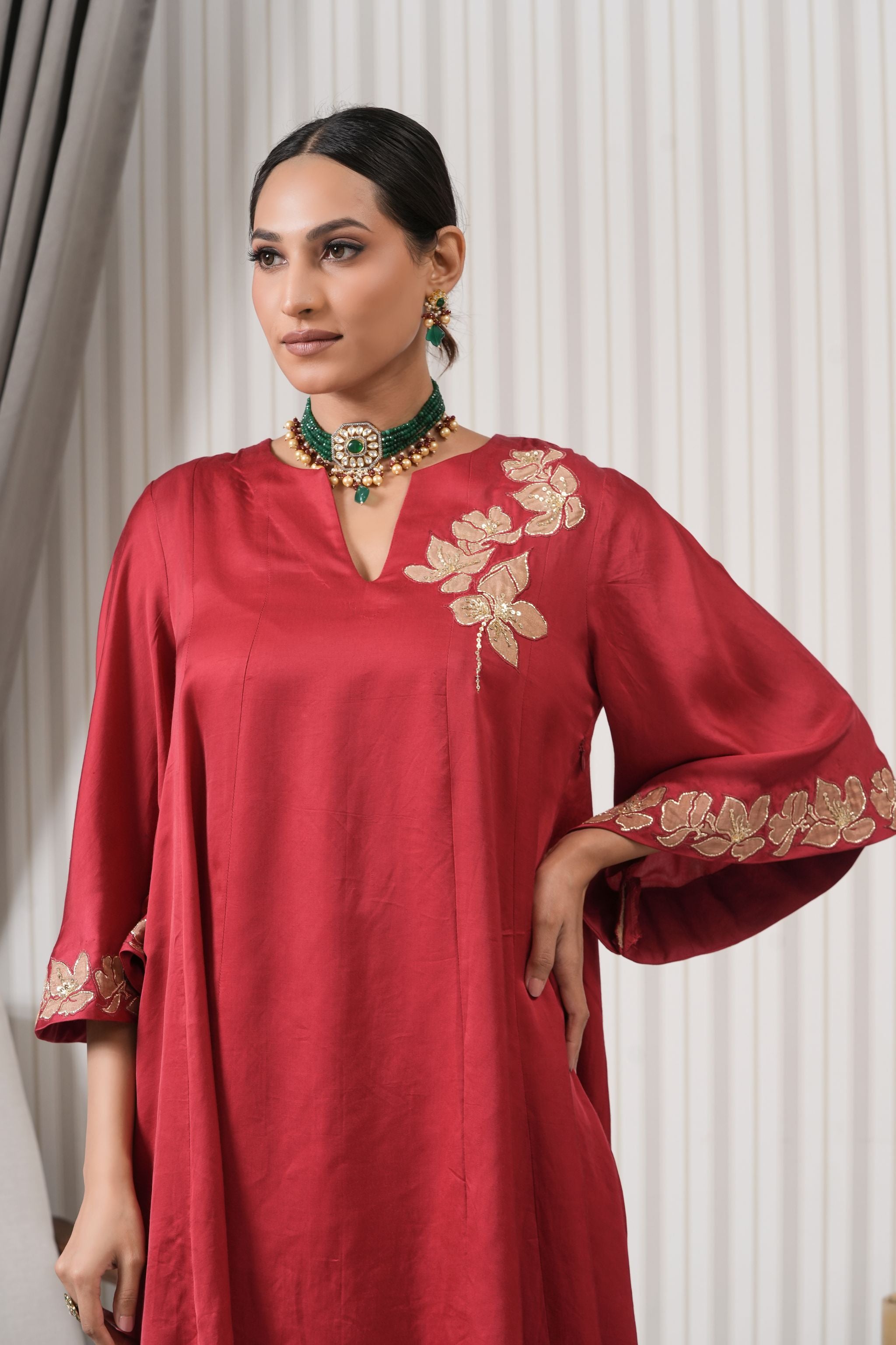 Embroidered Silk A-line Kurta Set - Red Pink